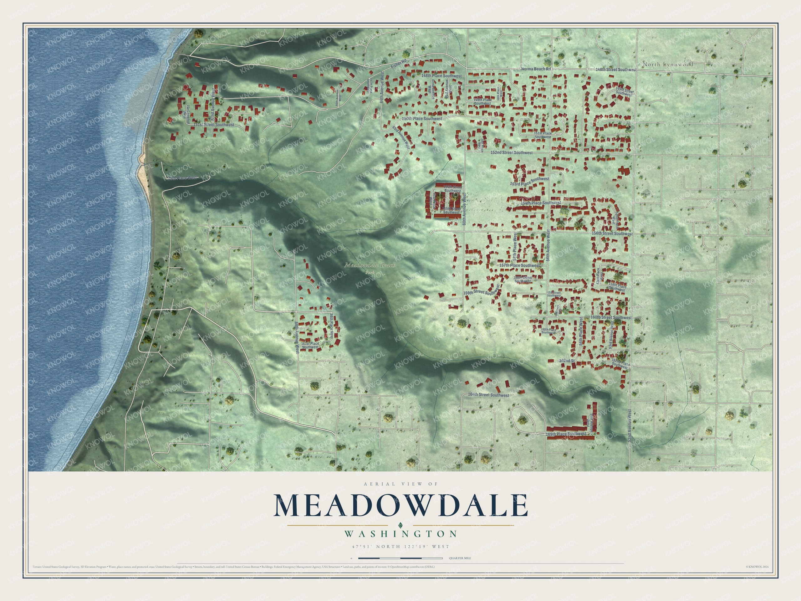 Full map of Meadowdale, Washington, with red buildings, printed street names and the land around them