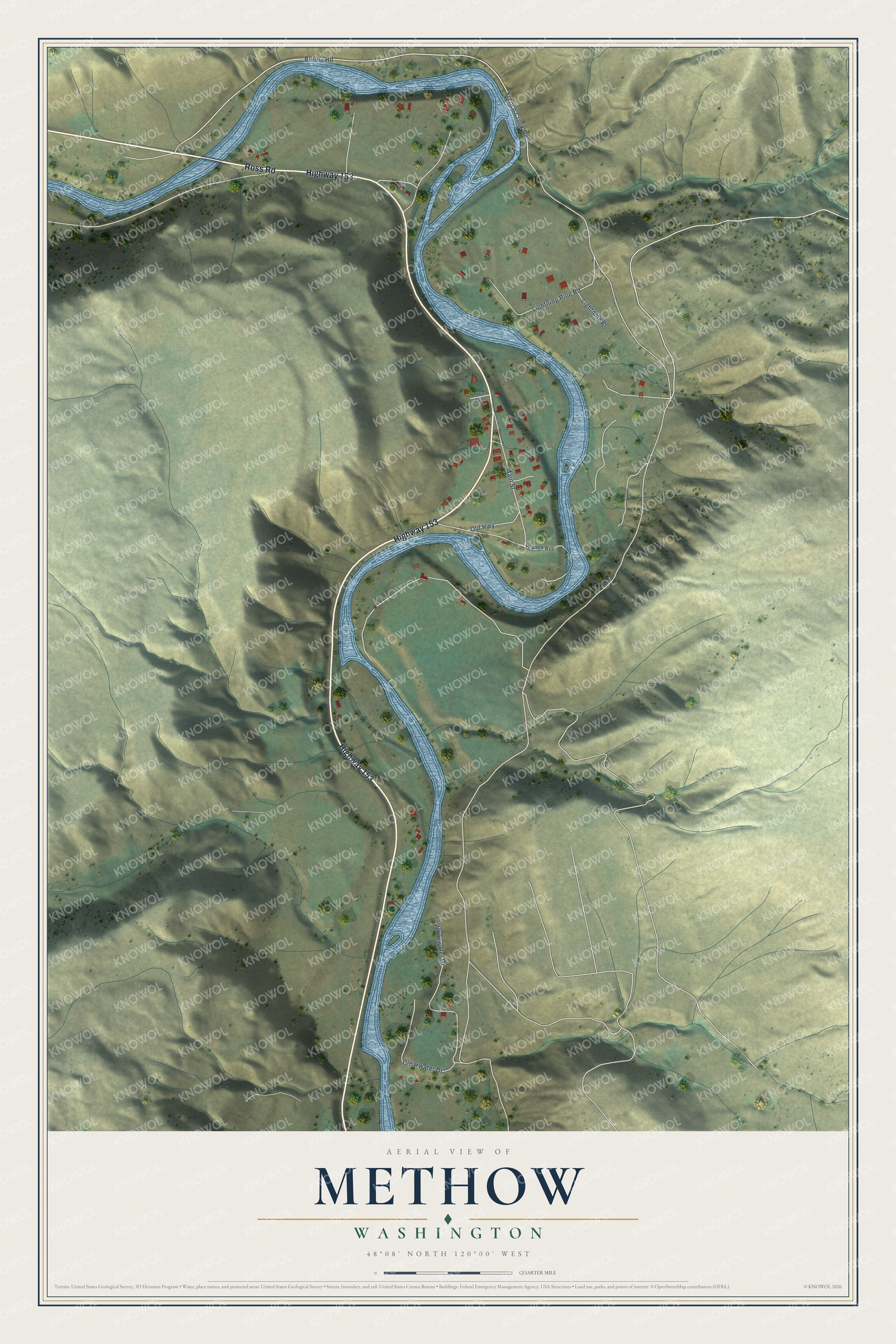 Full map of Methow, Washington, with red buildings, printed street names and the land around them