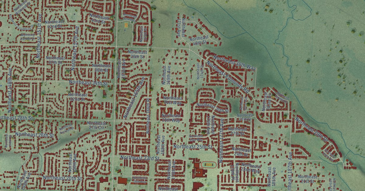 Close-up of streets and buildings in Mill Plain, Washington