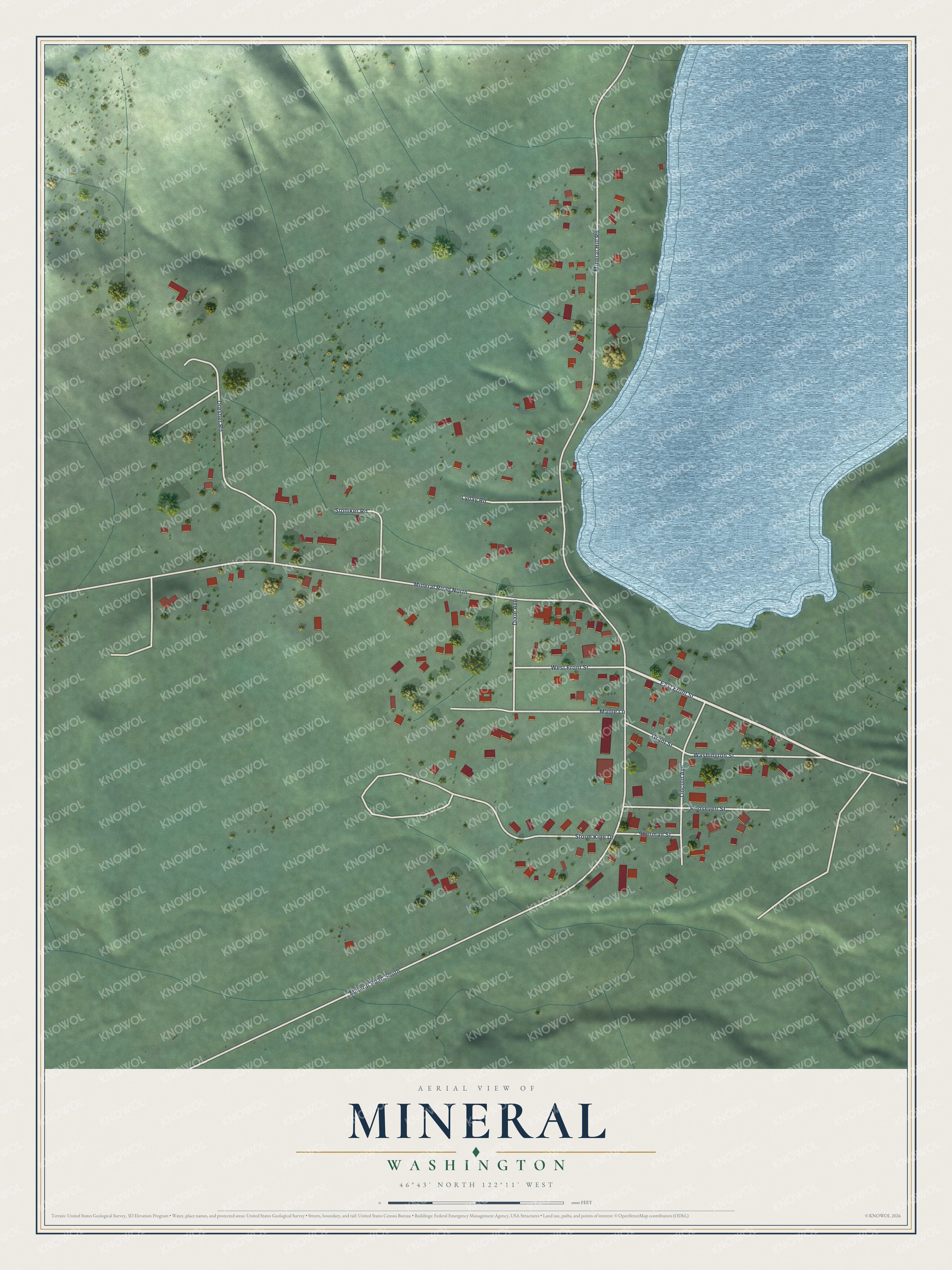 Full map of Mineral, Washington, with red buildings, printed street names and the land around them