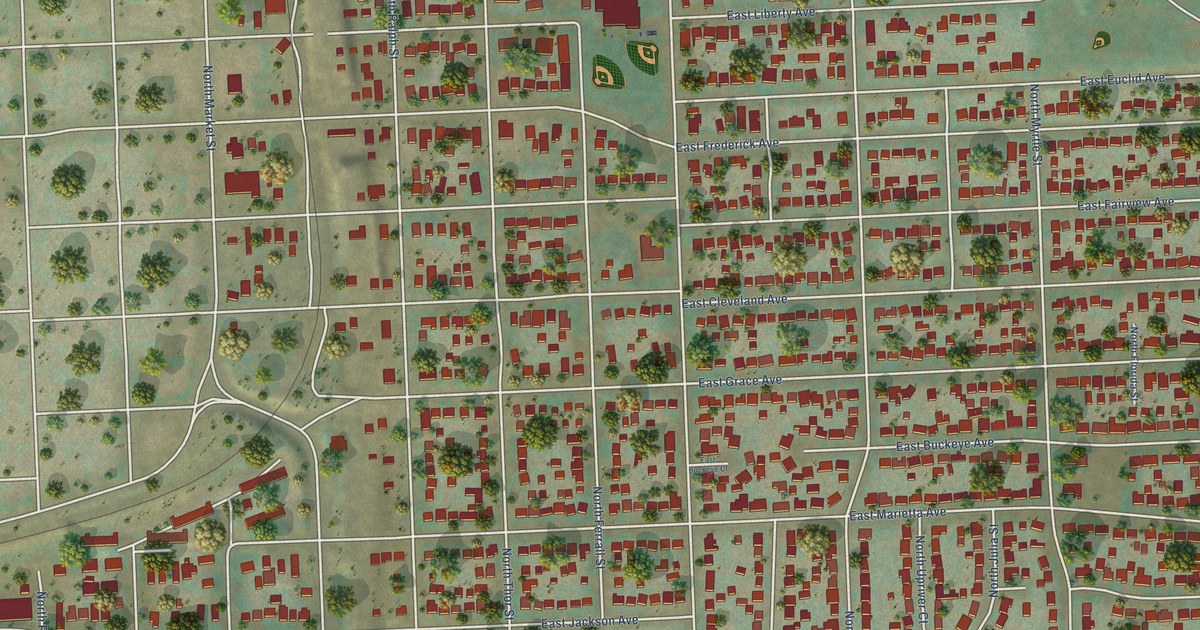 Close-up of streets and buildings in Minnehaha, Spokane, Washington