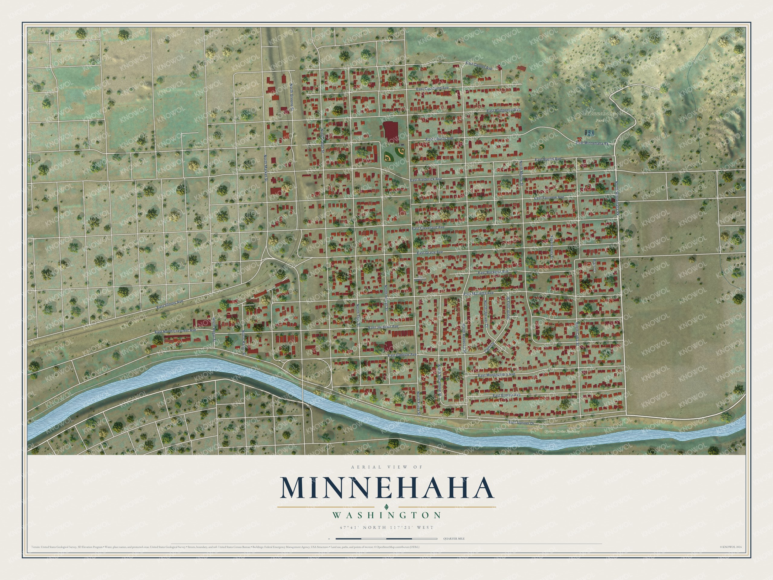 Full map of Minnehaha, Washington, with red buildings, printed street names and the land around them