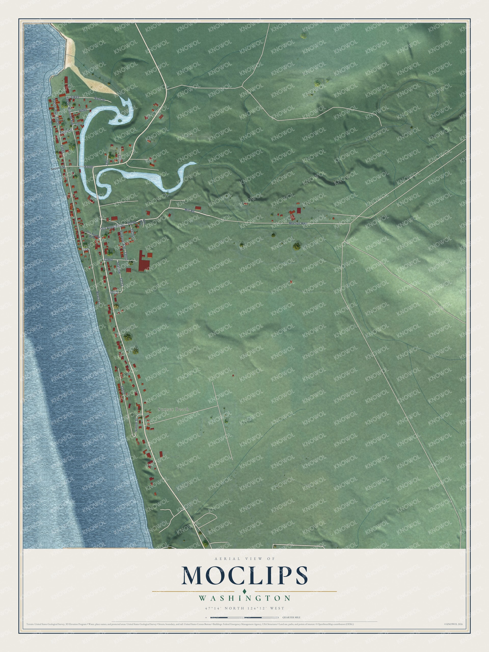 Full map of Moclips, Washington, with red buildings, printed street names and the land around them
