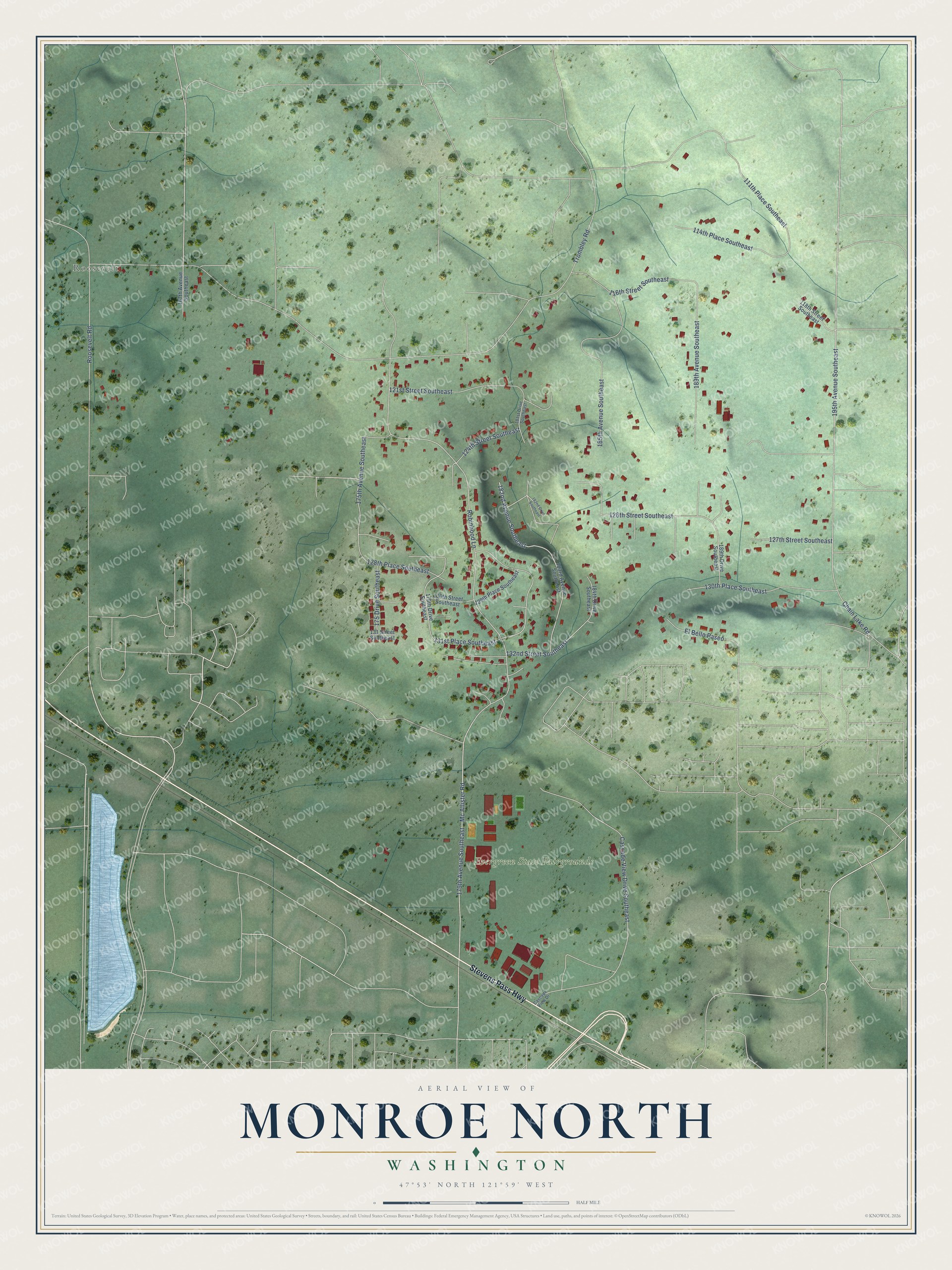 Full map of Monroe North, Washington, with red buildings, printed street names and the land around them