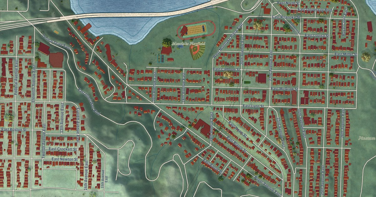 Close-up of streets and buildings in Montlake, Washington