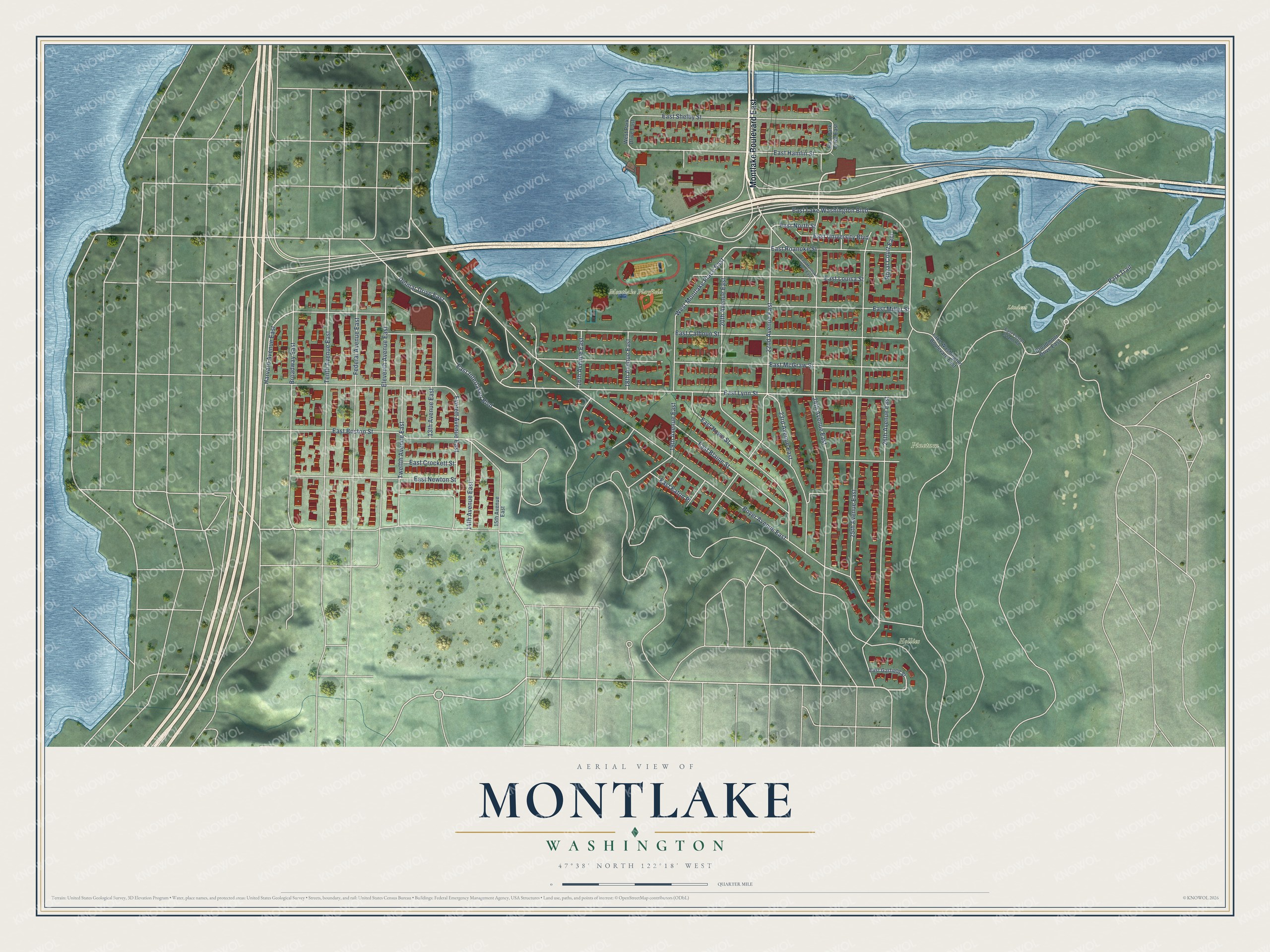Full map of Montlake, Washington, with red buildings, printed street names and the land around them