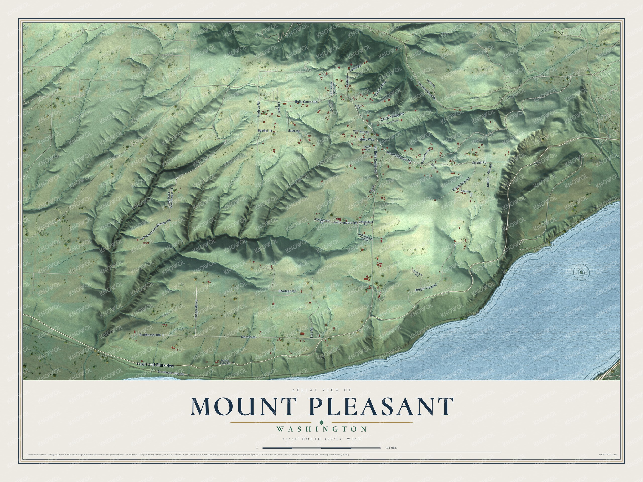 Full map of Mount Pleasant, Washington, with red buildings, printed street names and the land around them