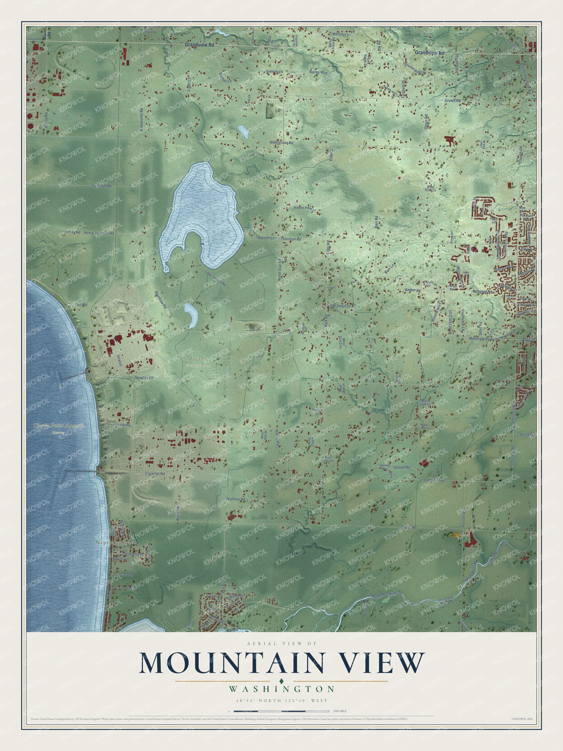 Full map of Mountain View, Washington, with red buildings, printed street names and the land around them