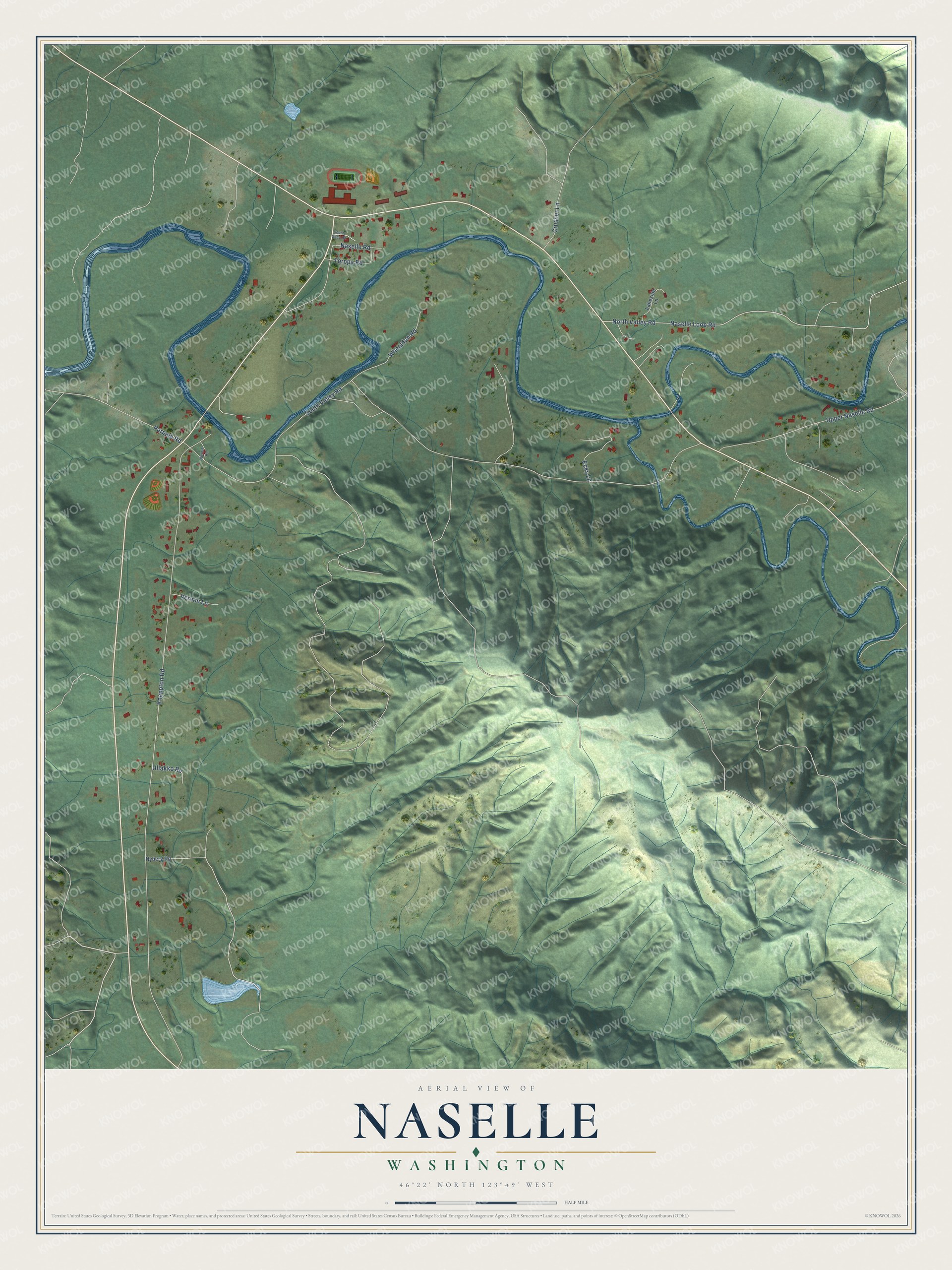 Full map of Naselle, Washington, with red buildings, printed street names and the land around them