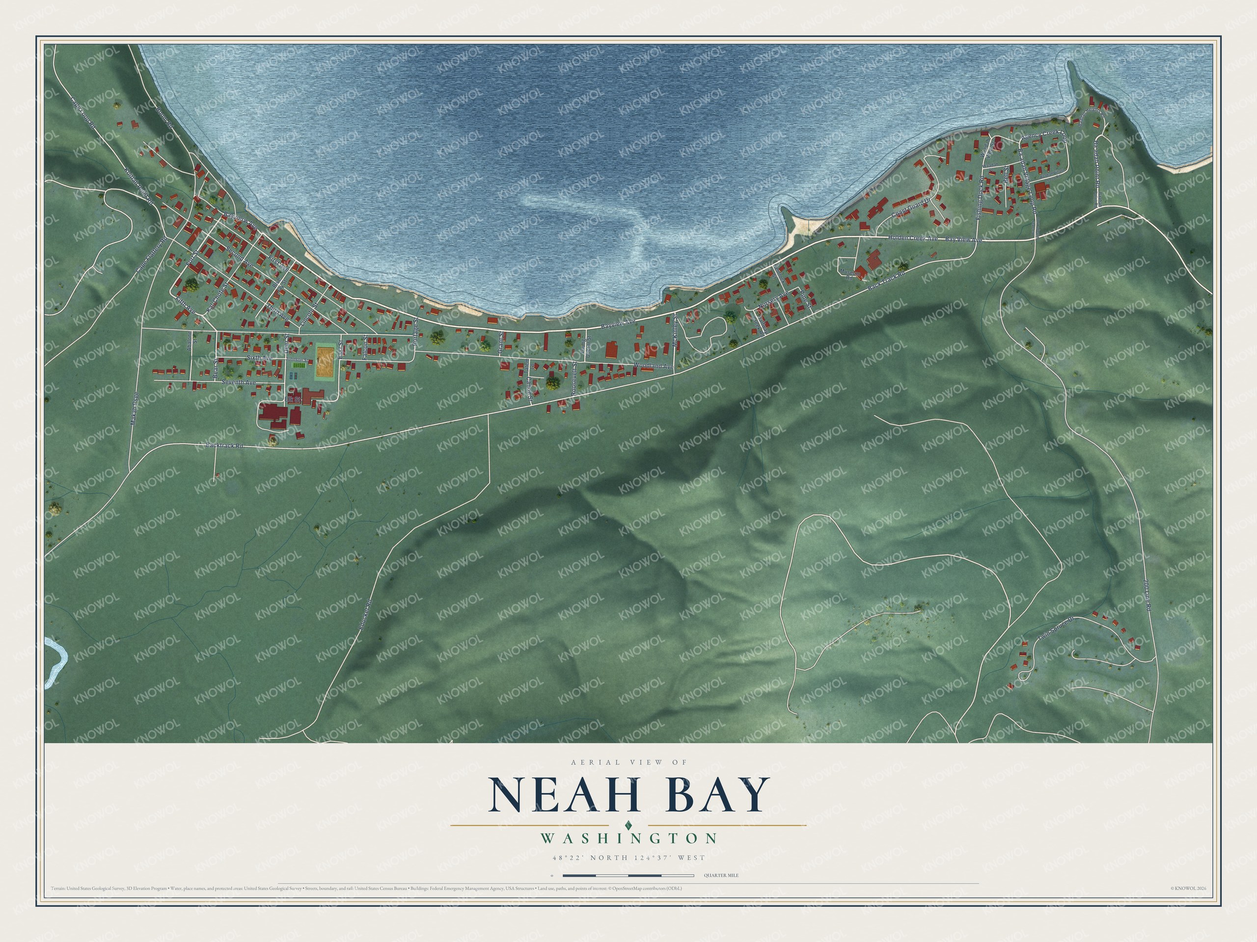 Full map of Neah Bay, Washington, with red buildings, printed street names and the land around them