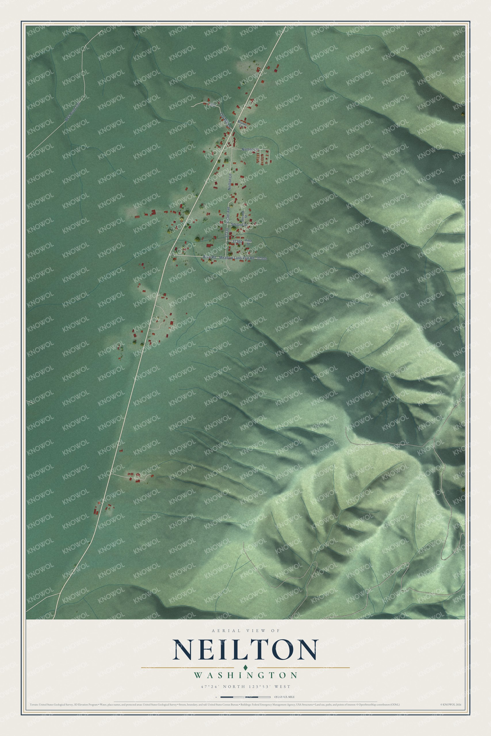 Full map of Neilton, Washington, with red buildings, printed street names and the land around them