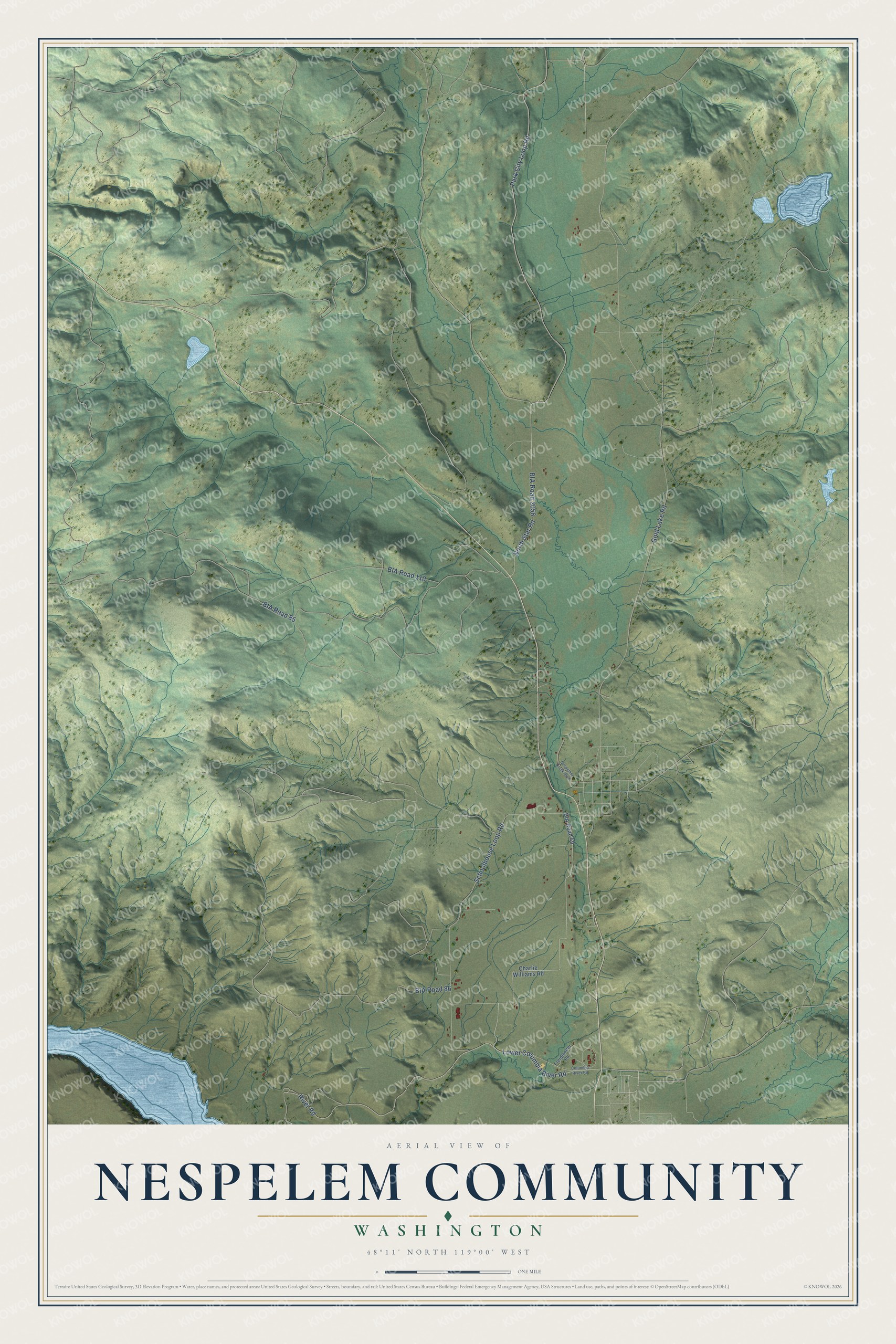 Full map of Nespelem Community, Washington, with red buildings, printed street names and the land around them
