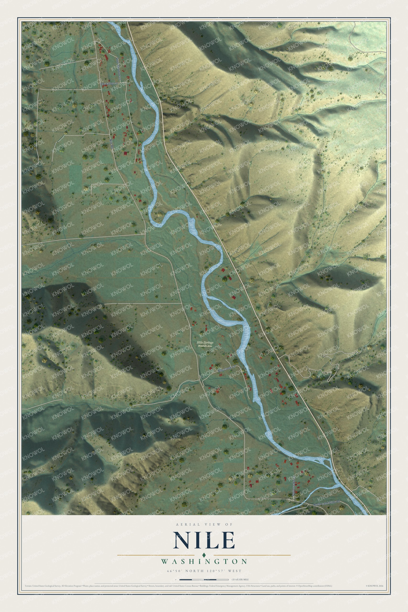 Full map of Nile, Washington, with red buildings, printed street names and the land around them