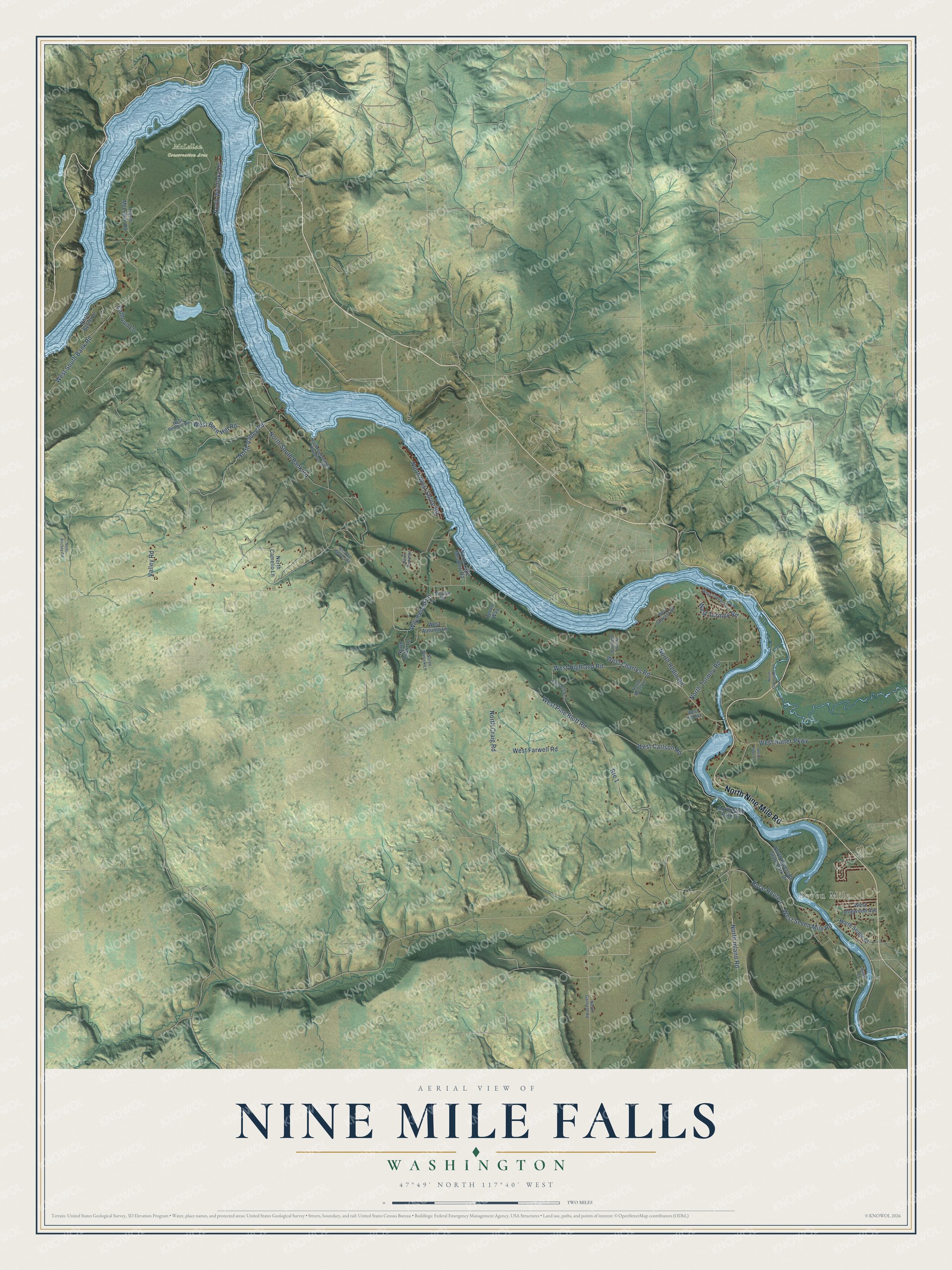 Full map of Nine Mile Falls, Washington, with red buildings, printed street names and the land around them