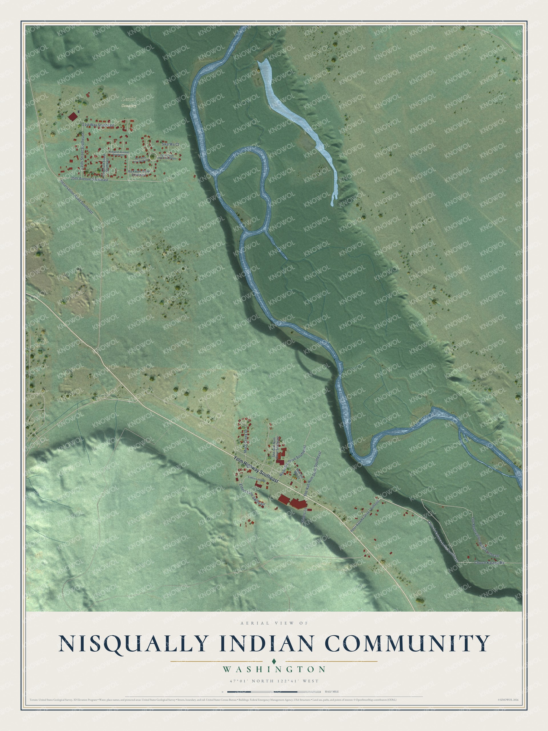 Full map of Nisqually Indian Community, Washington, with red buildings, printed street names and the land around them