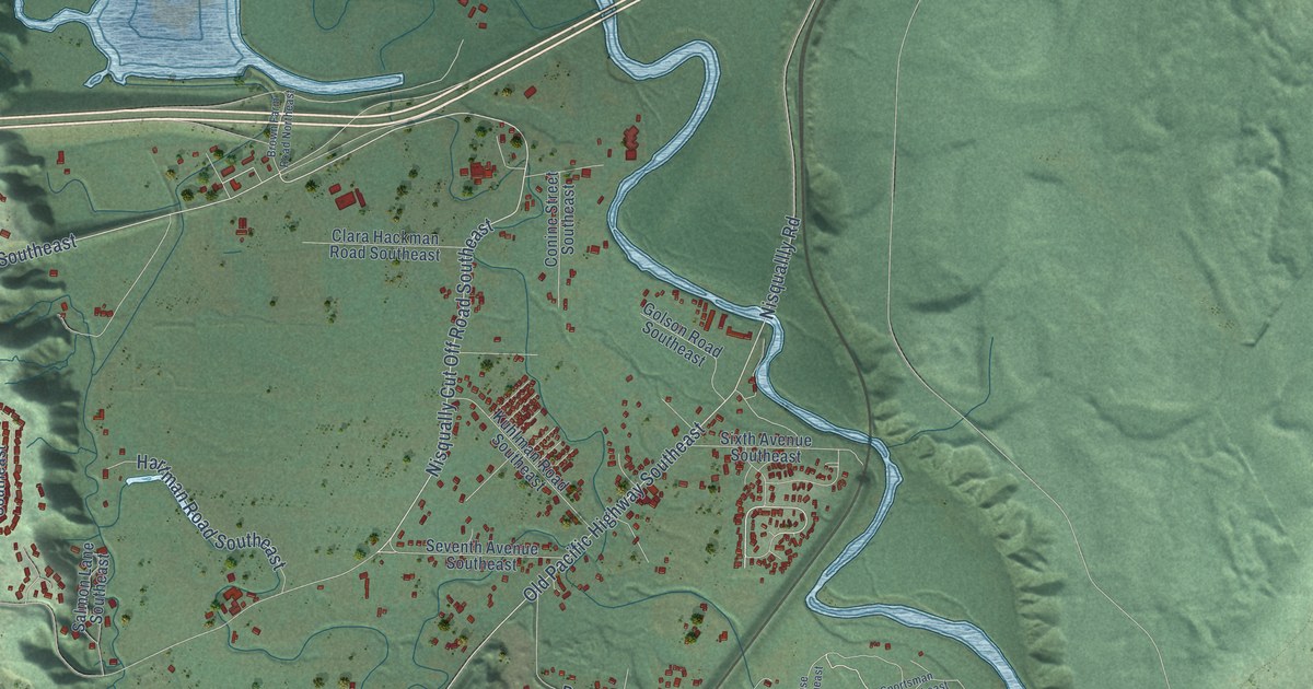 Close-up of streets and buildings in Nisqually, Washington
