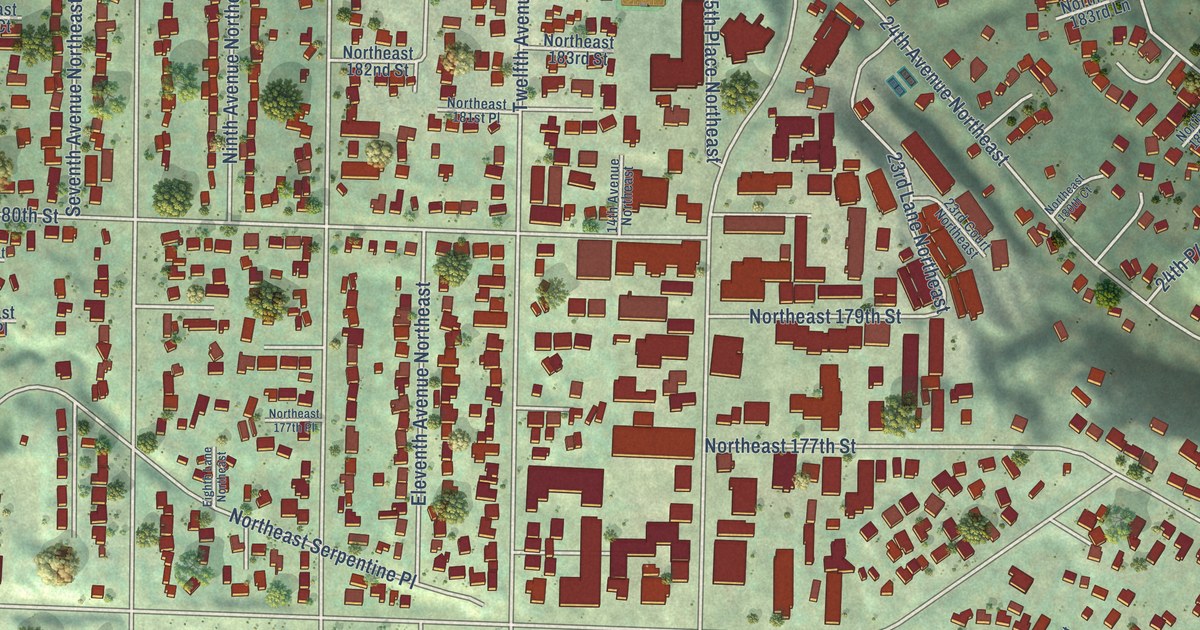 Close-up of streets and buildings in North City, Washington