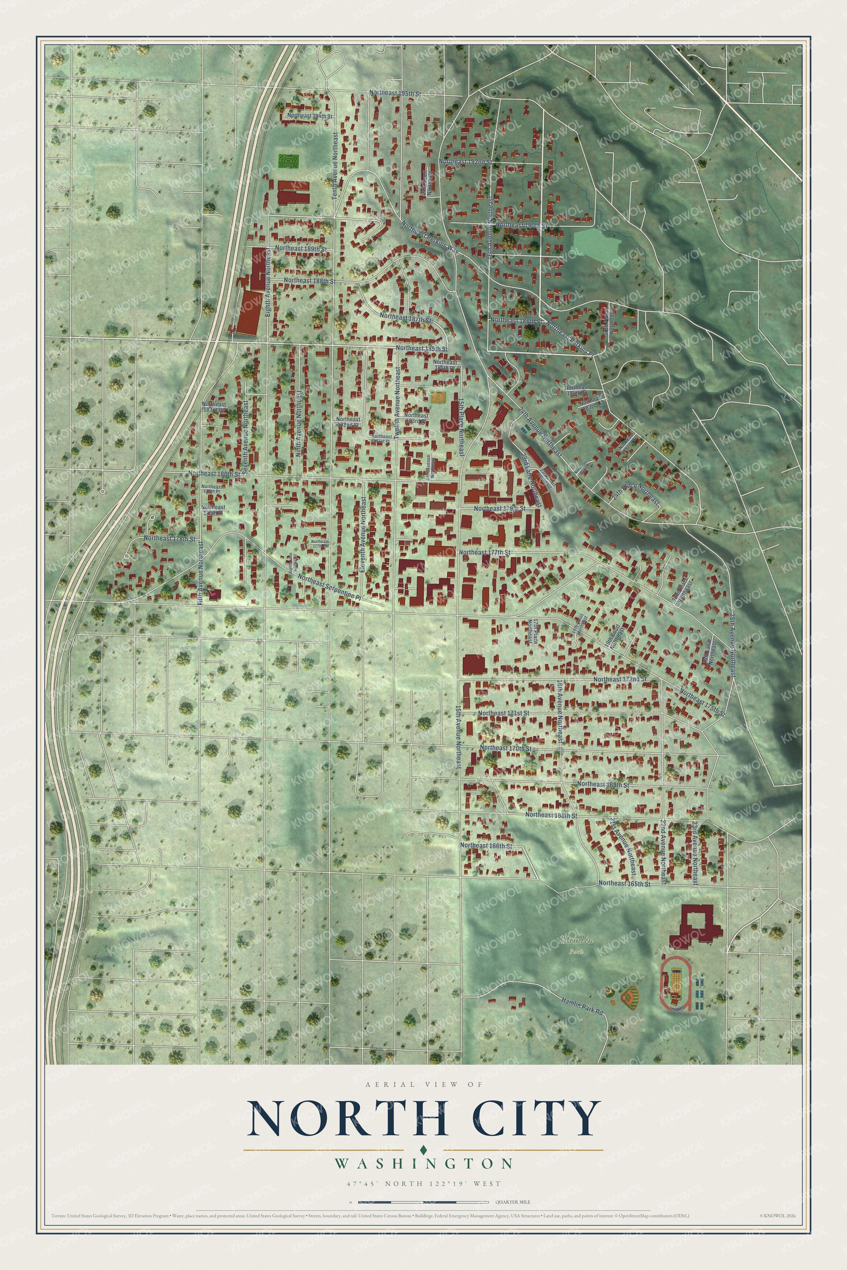 Full map of North City, Washington, with red buildings, printed street names and the land around them