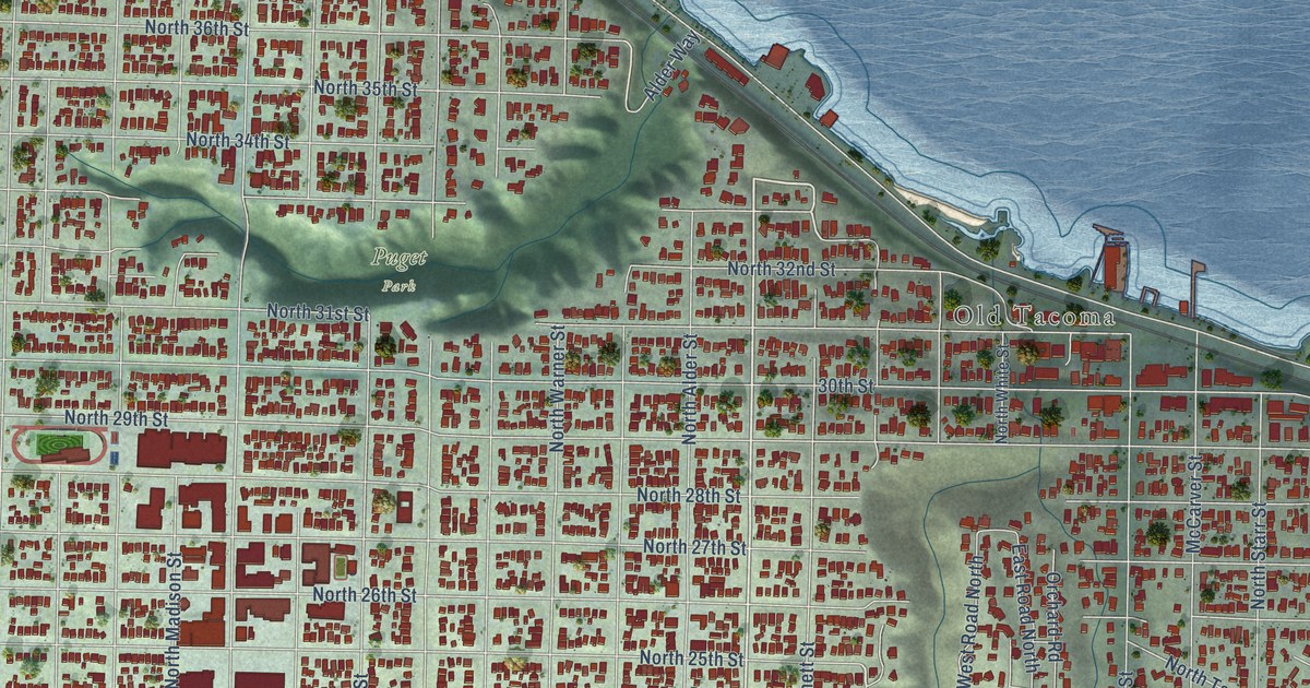 Close-up of streets and buildings in North End, Washington