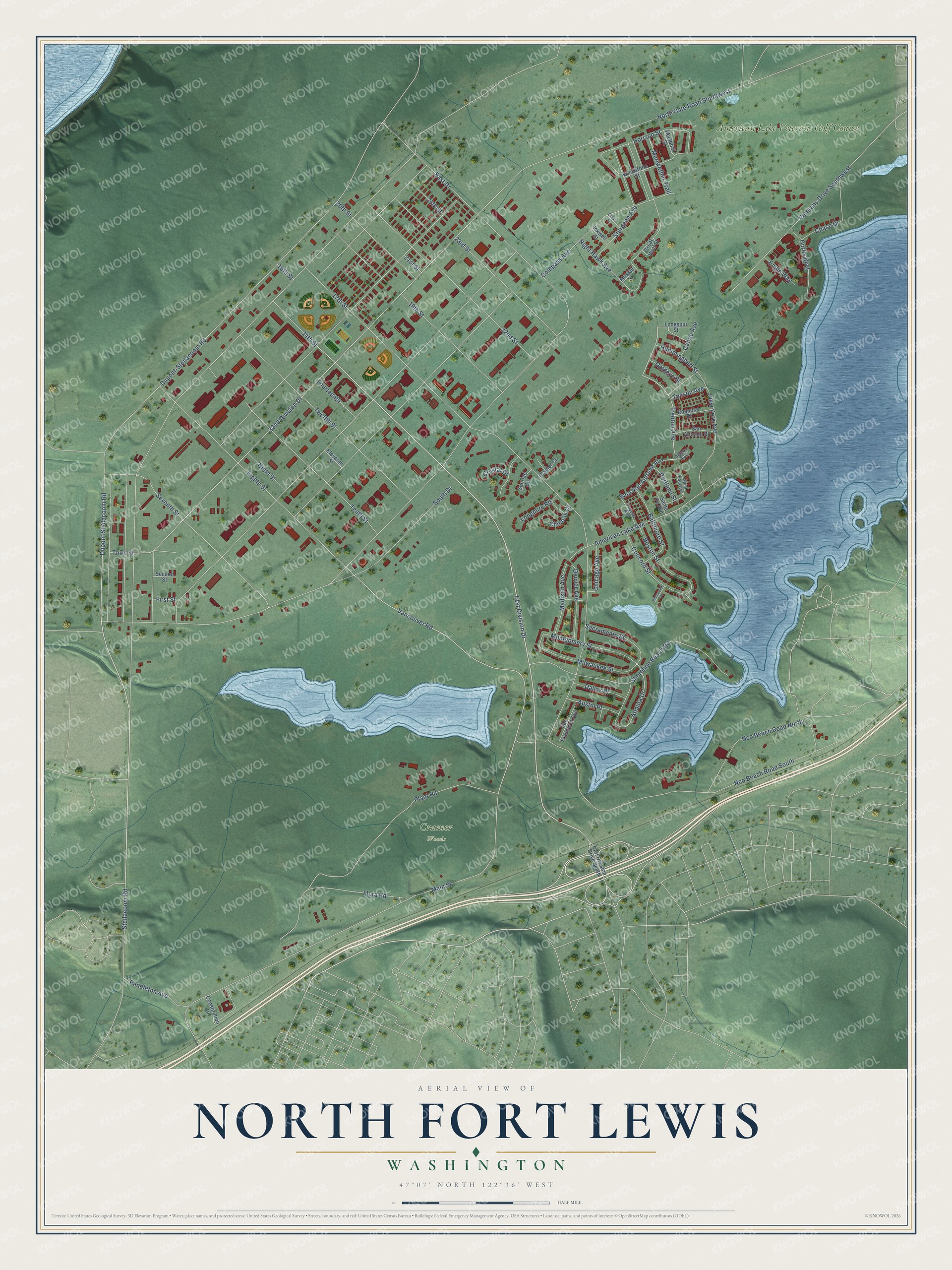 Full map of North Fort Lewis, Washington, with red buildings, printed street names and the land around them