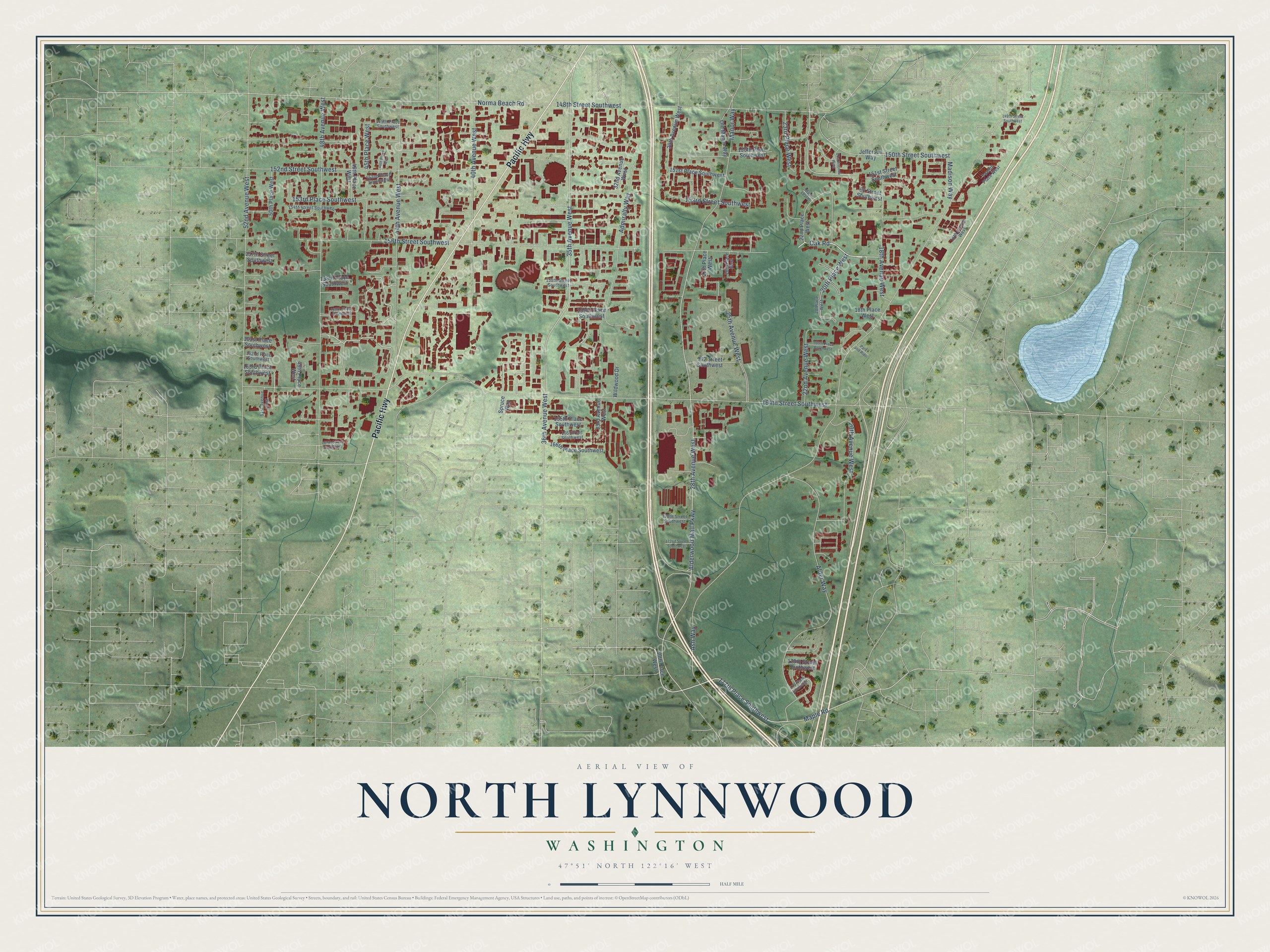 Full map of North Lynnwood, Washington, with red buildings, printed street names and the land around them