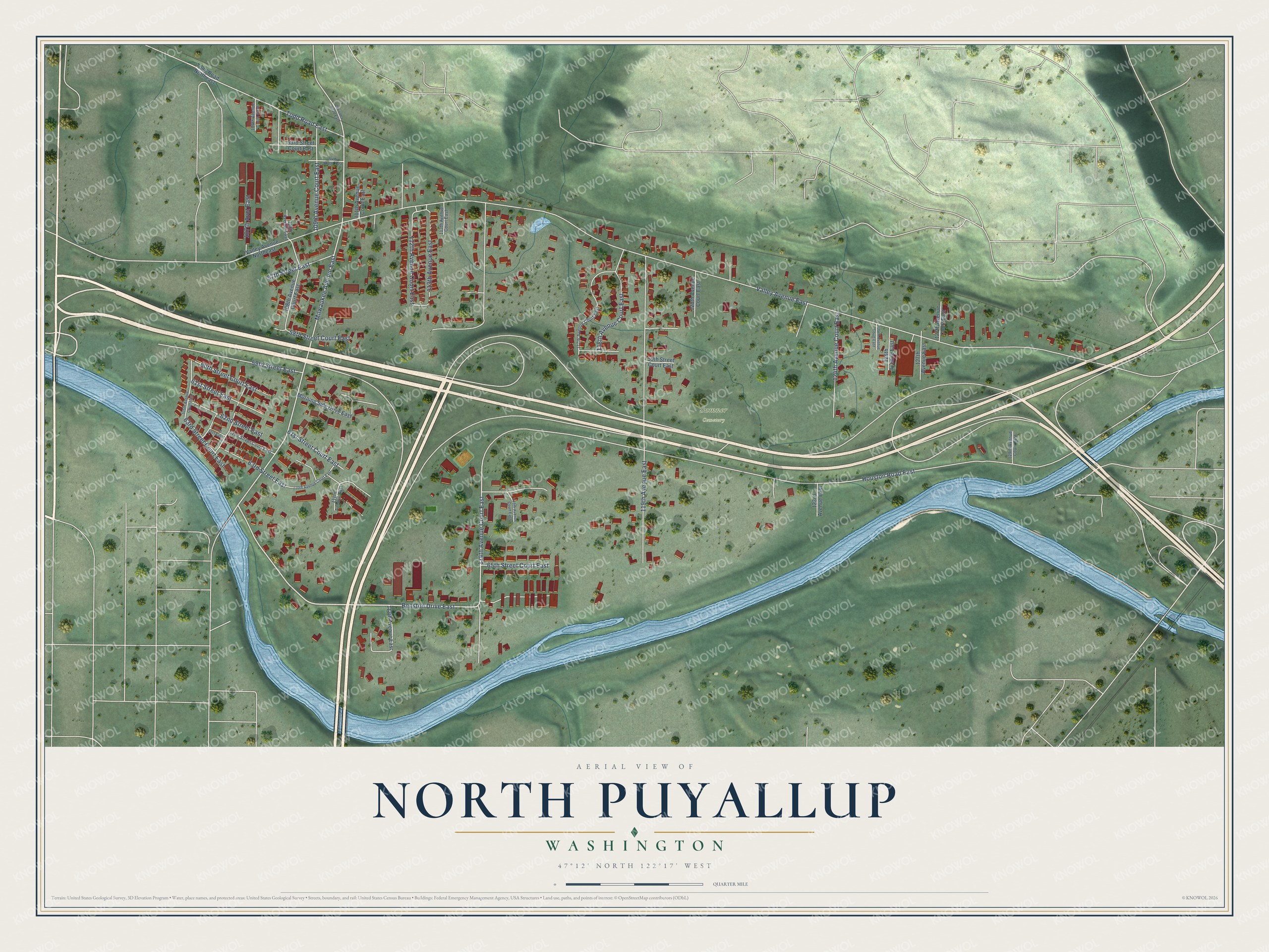 Full map of North Puyallup, Washington, with red buildings, printed street names and the land around them