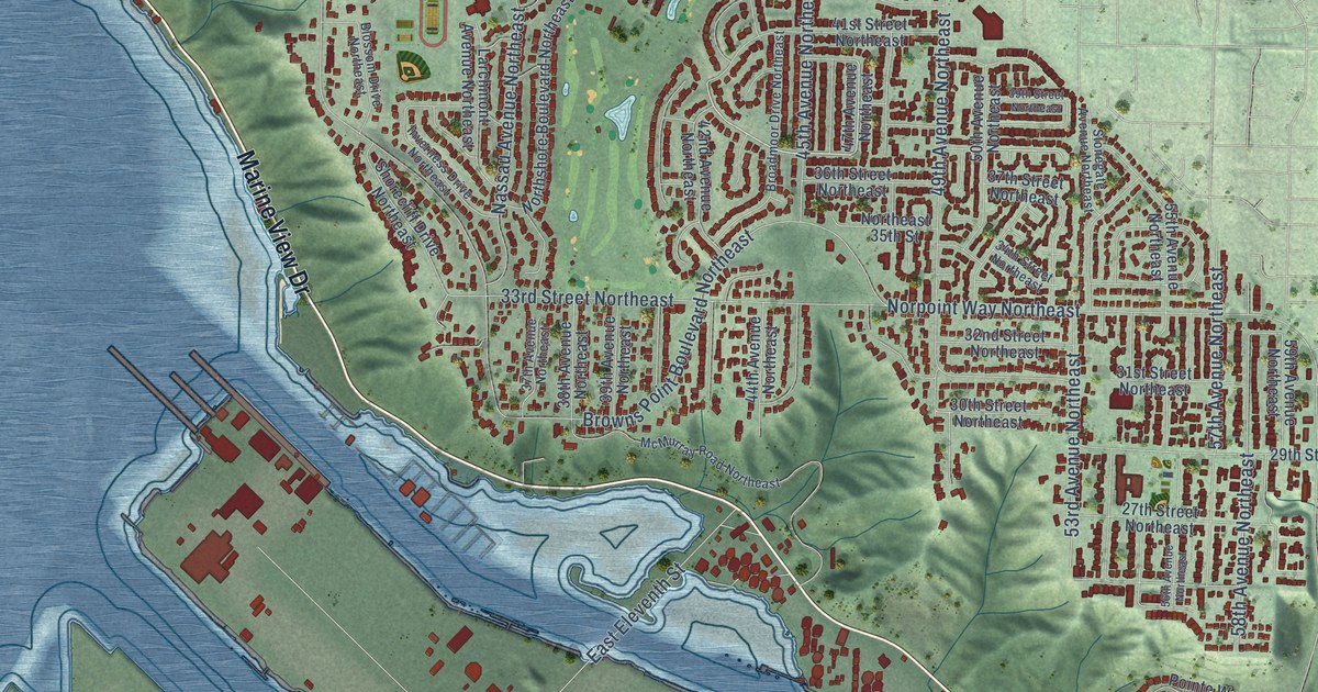 Close-up of streets and buildings in Northeast Tacoma, Washington