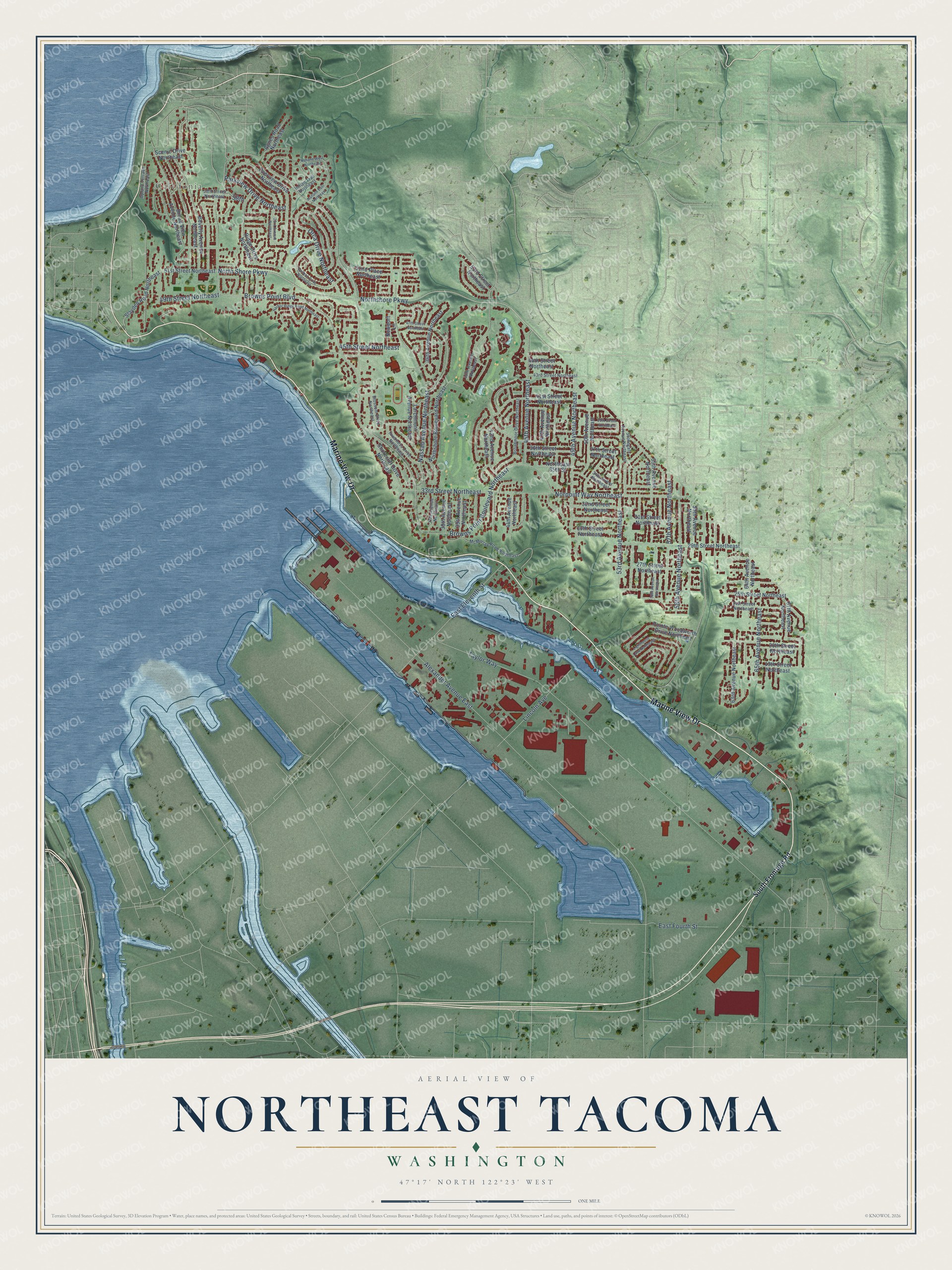 Full map of Northeast Tacoma, Washington, with red buildings, printed street names and the land around them