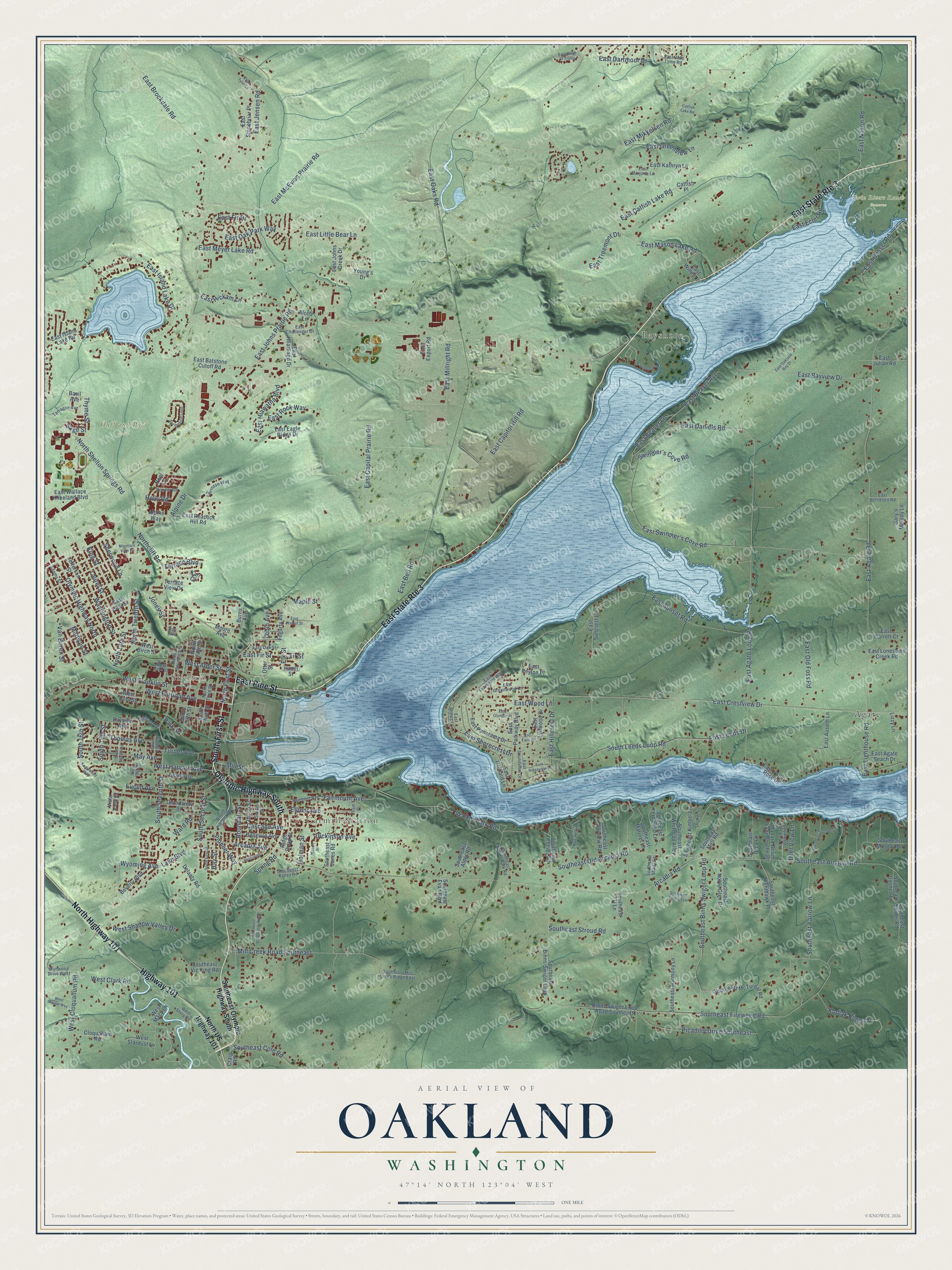Full map of Oakland, Washington, with red buildings, printed street names and the land around them