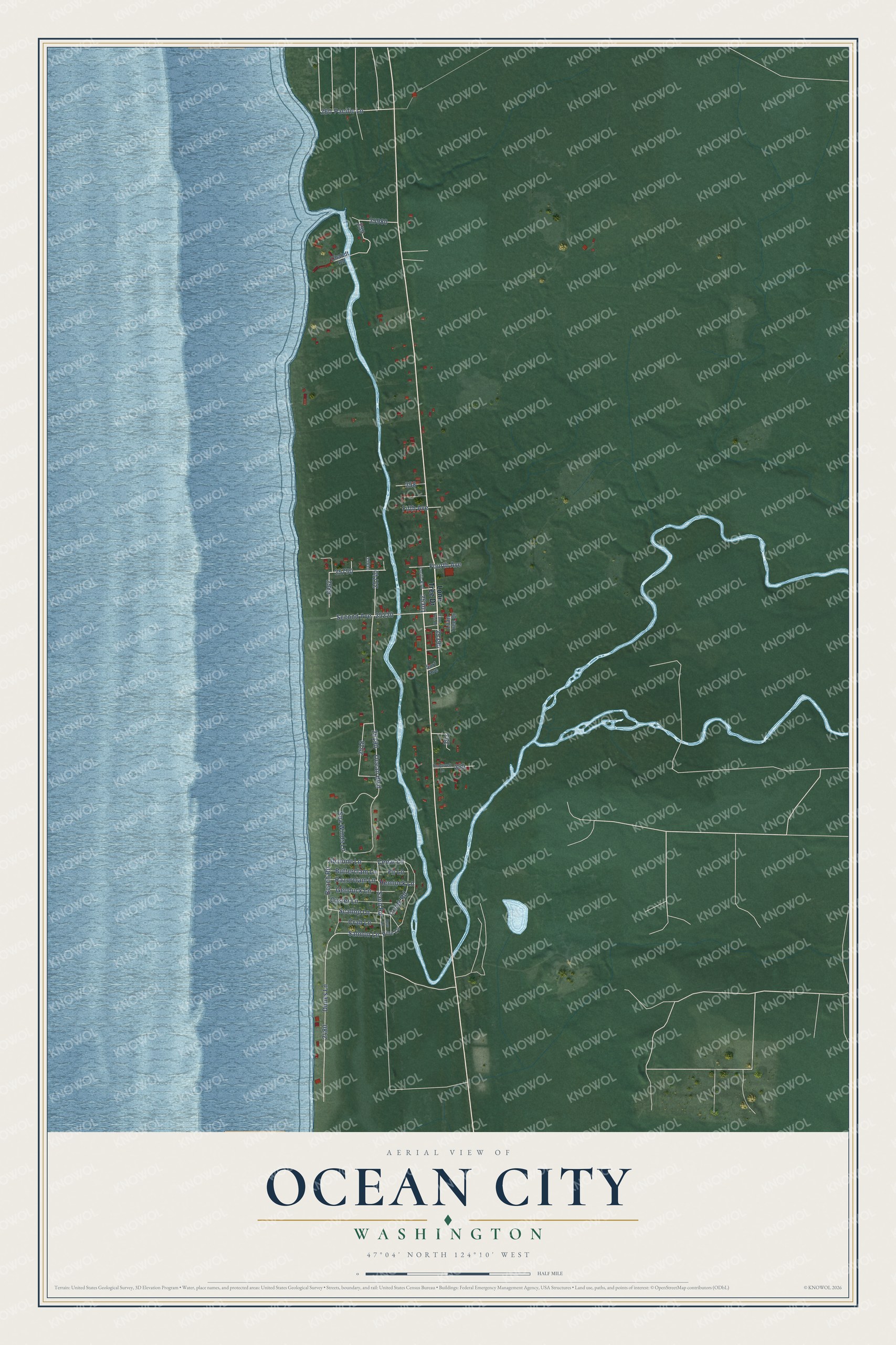 Full map of Ocean City, Washington, with red buildings, printed street names and the land around them