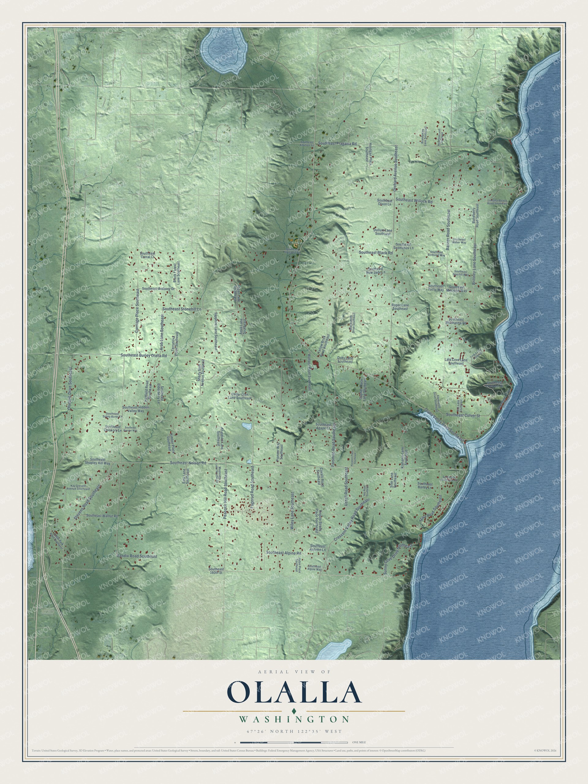 Full map of Olalla, Washington, with red buildings, printed street names and the land around them