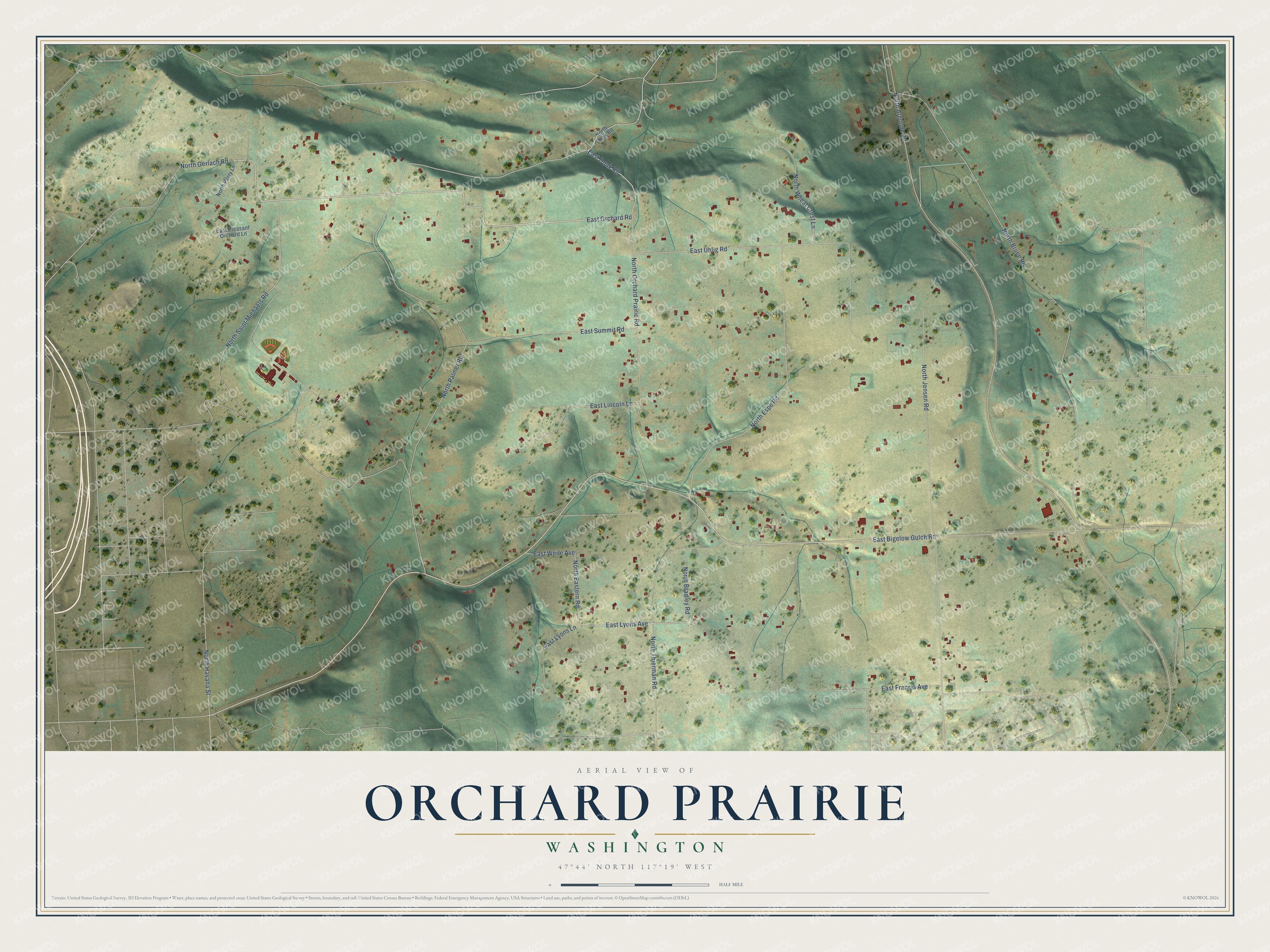 Full map of Orchard Prairie, Washington, with red buildings, printed street names and the land around them