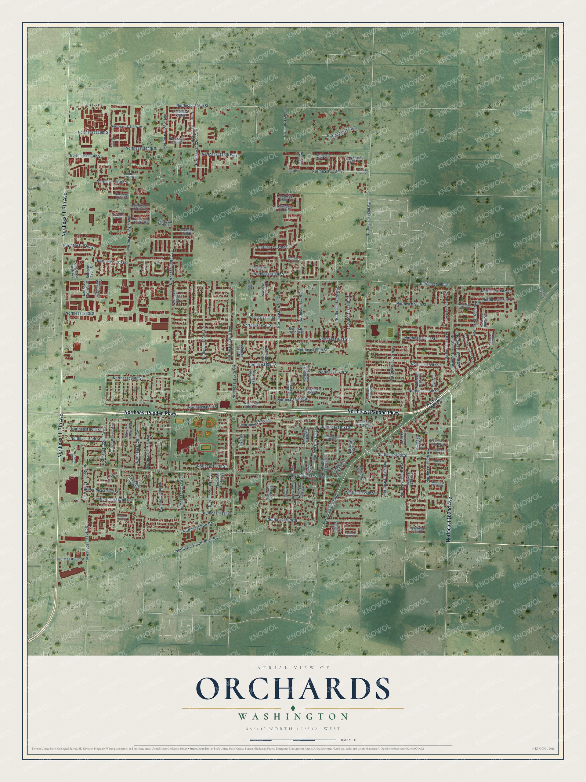 Full map of Orchards, Washington, with red buildings, printed street names and the land around them