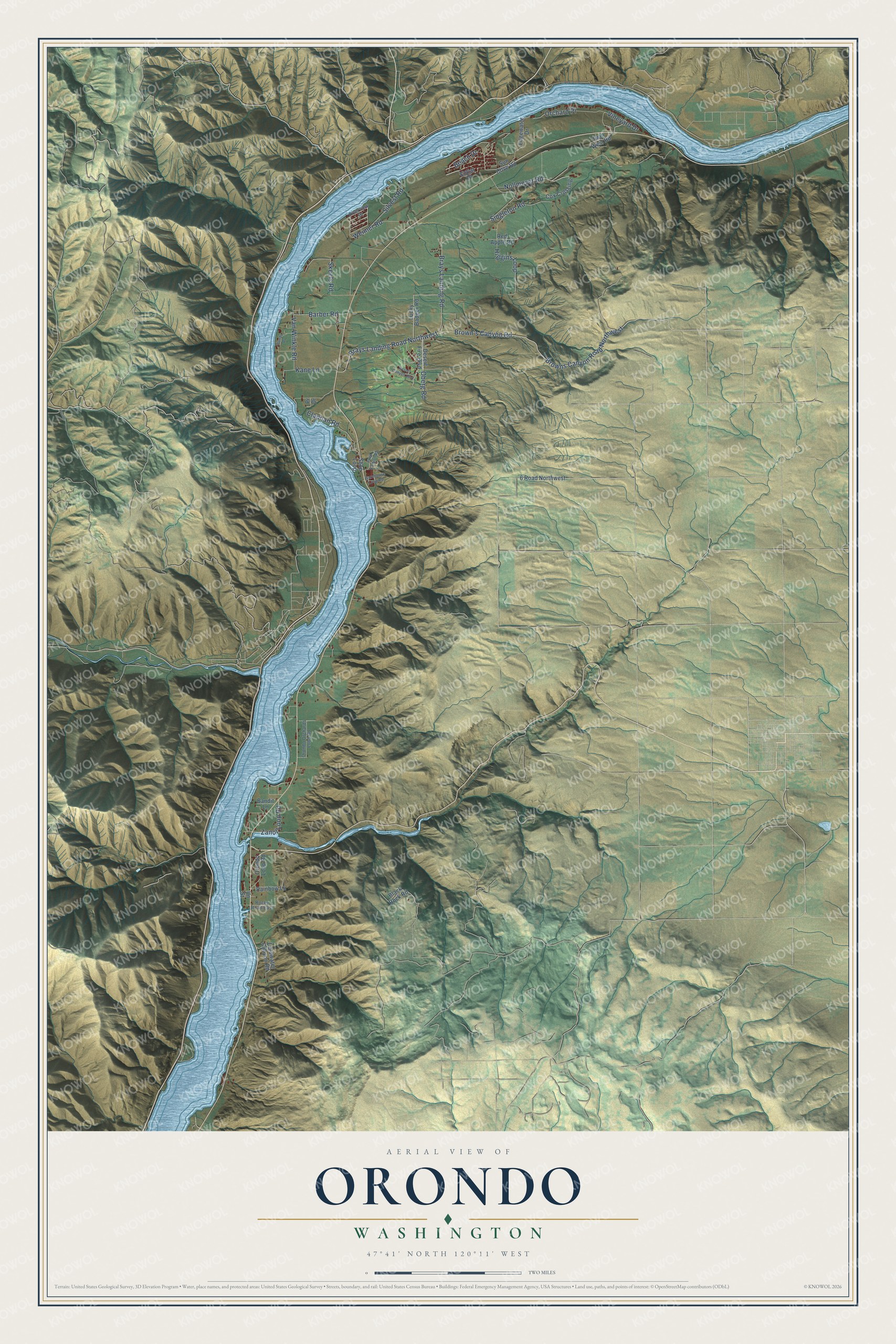 Full map of Orondo, Washington, with red buildings, printed street names and the land around them
