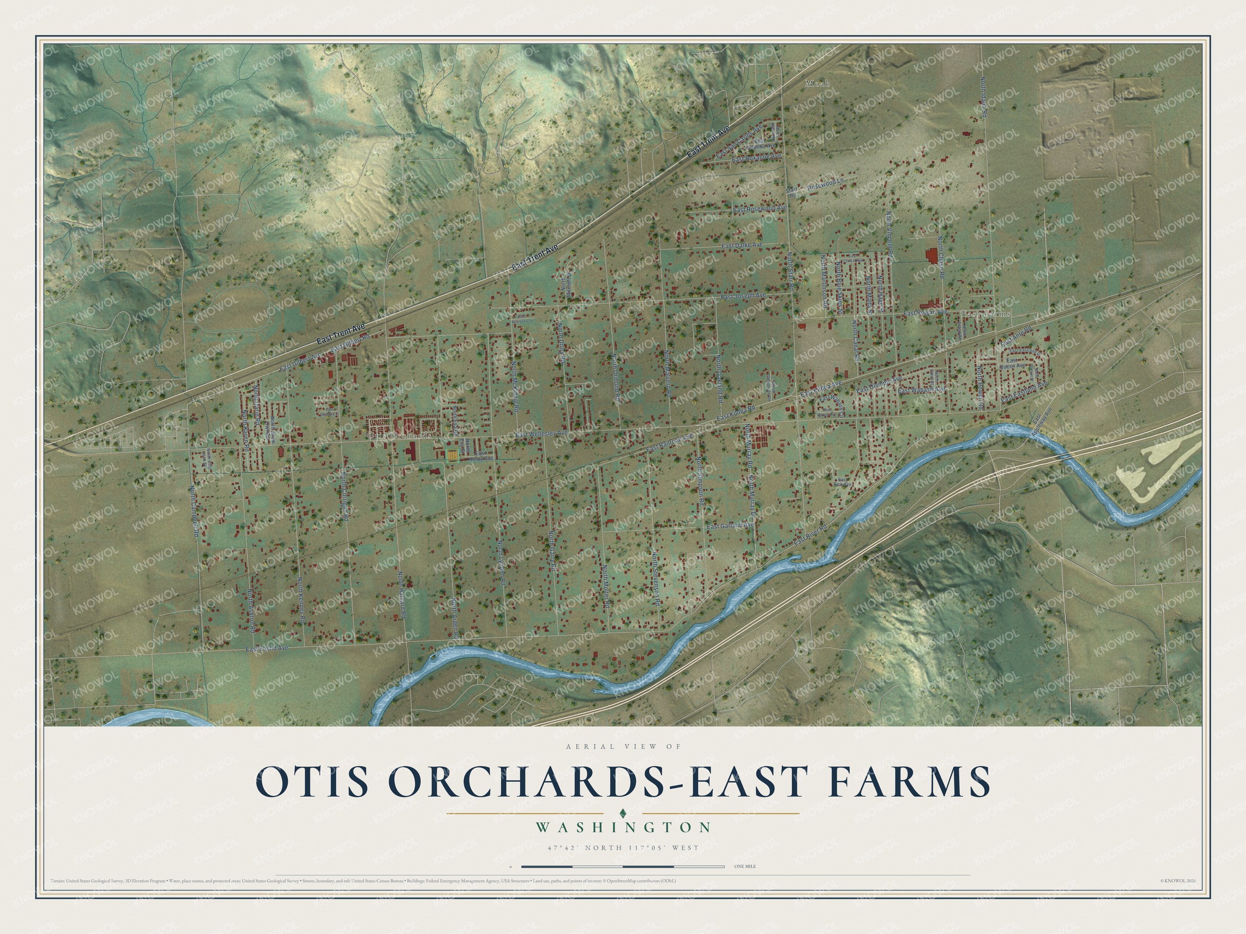 Full map of Otis Orchards-East Farms, Washington, with red buildings, printed street names and the land around them