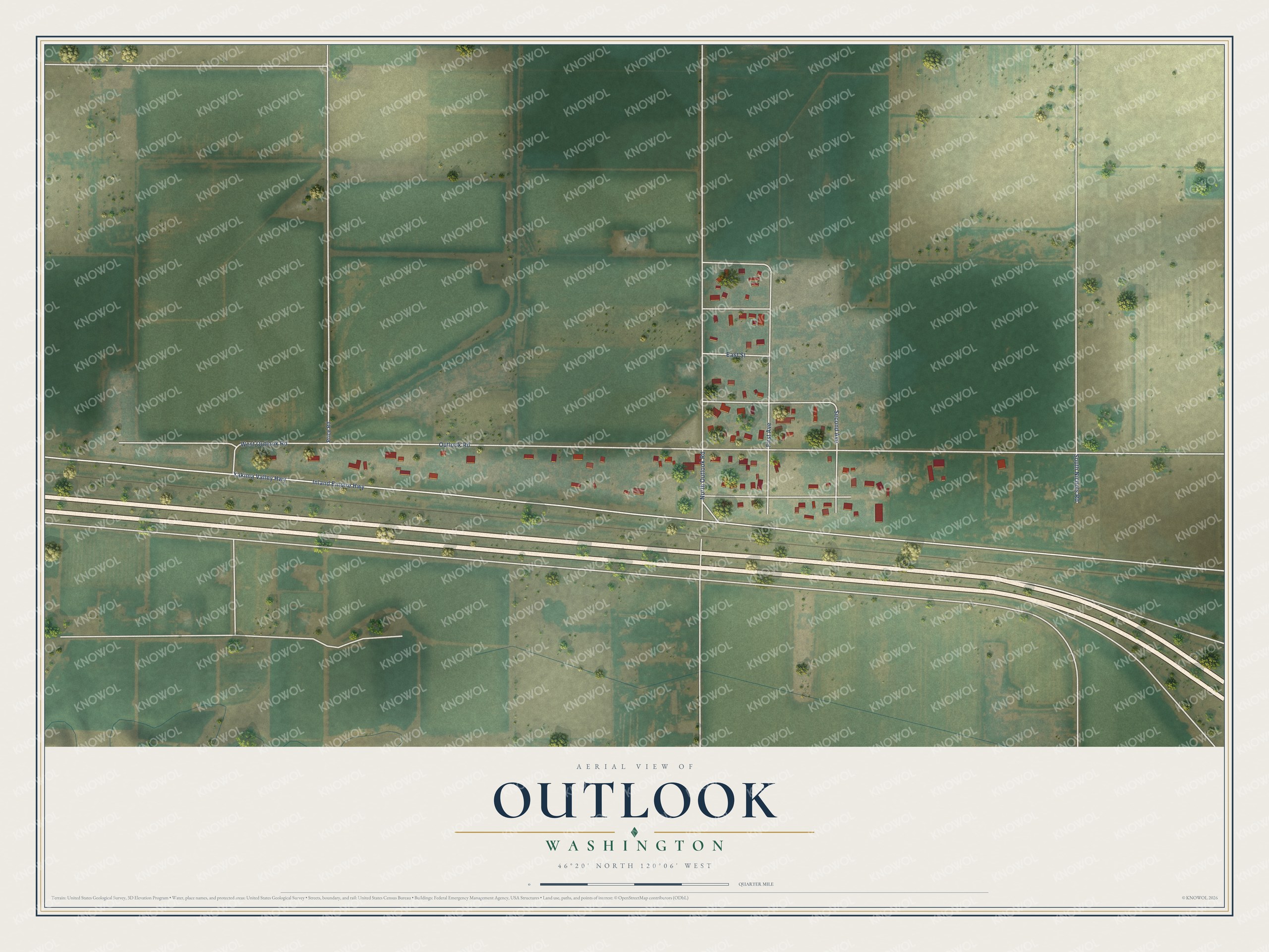 Full map of Outlook, Washington, with red buildings, printed street names and the land around them