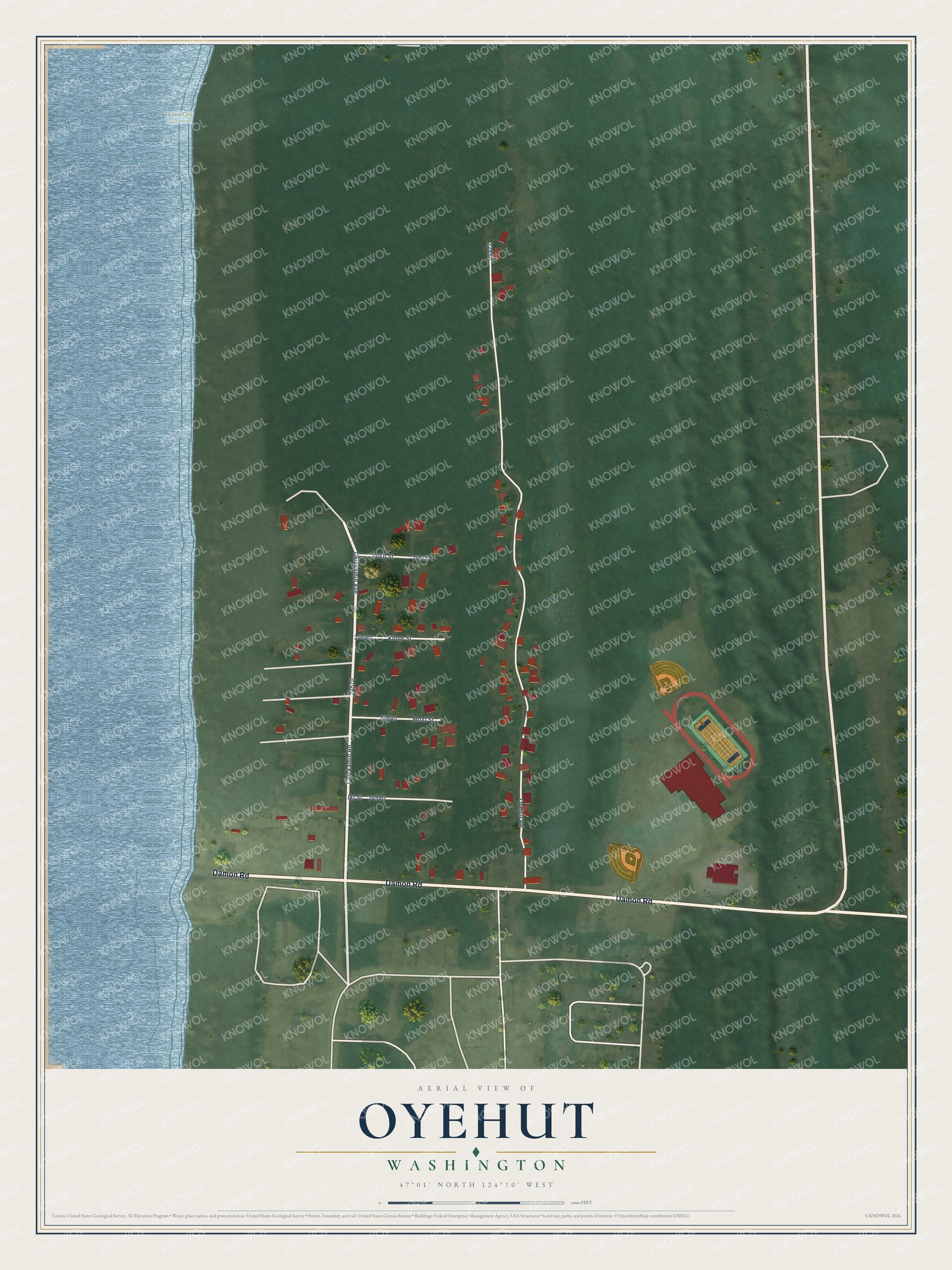 Full map of Oyehut, Washington, with red buildings, printed street names and the land around them