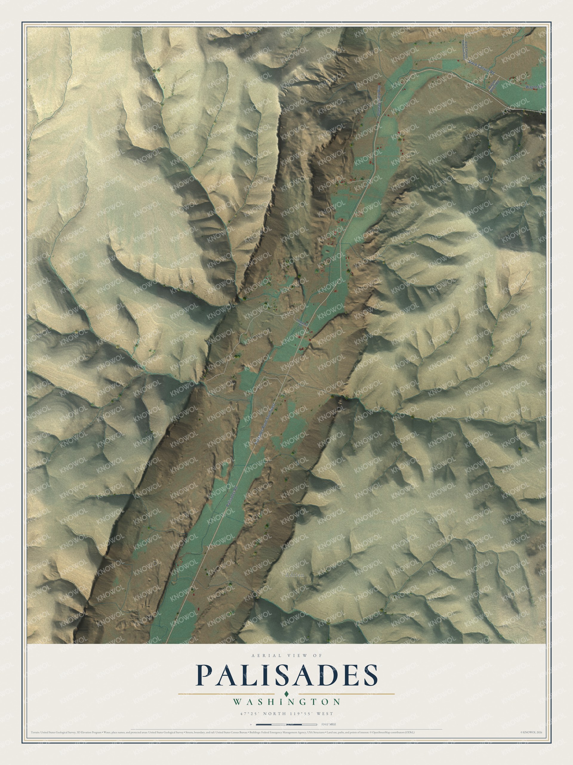 Full map of Palisades, Washington, with red buildings, printed street names and the land around them