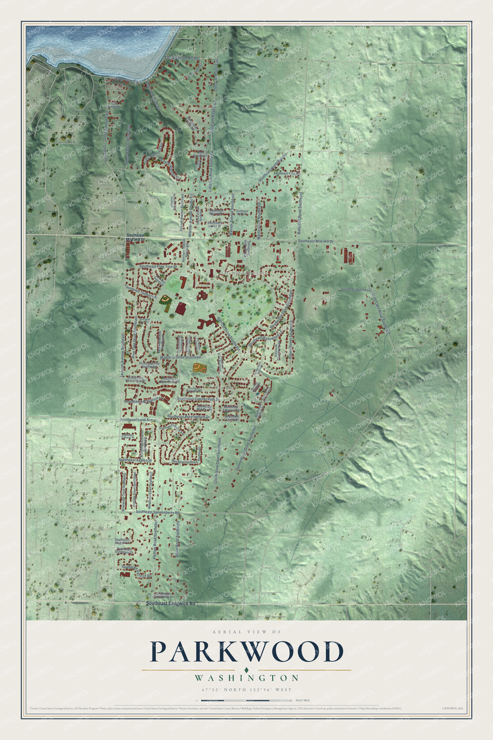 Full map of Parkwood, Washington, with red buildings, printed street names and the land around them