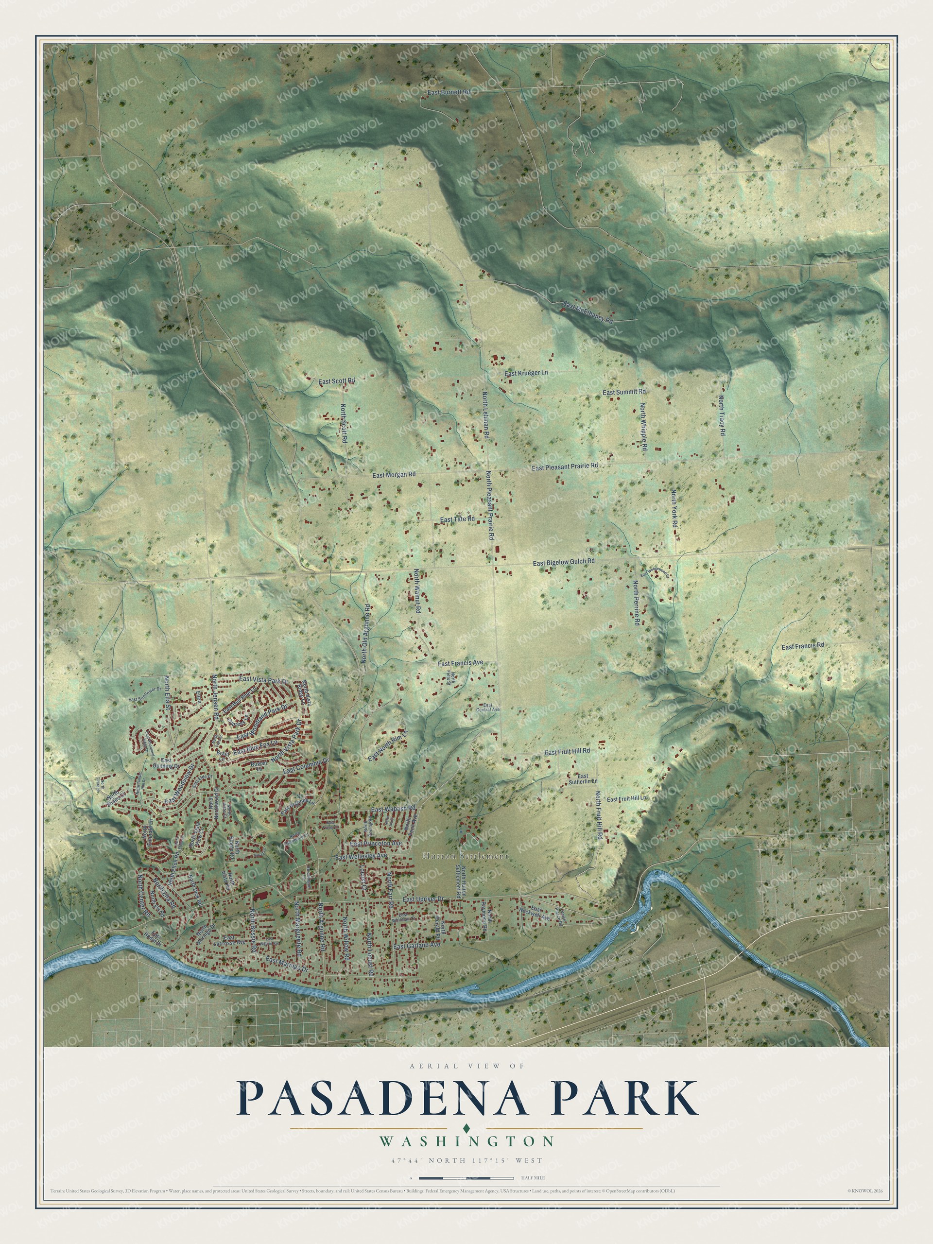 Full map of Pasadena Park, Washington, with red buildings, printed street names and the land around them