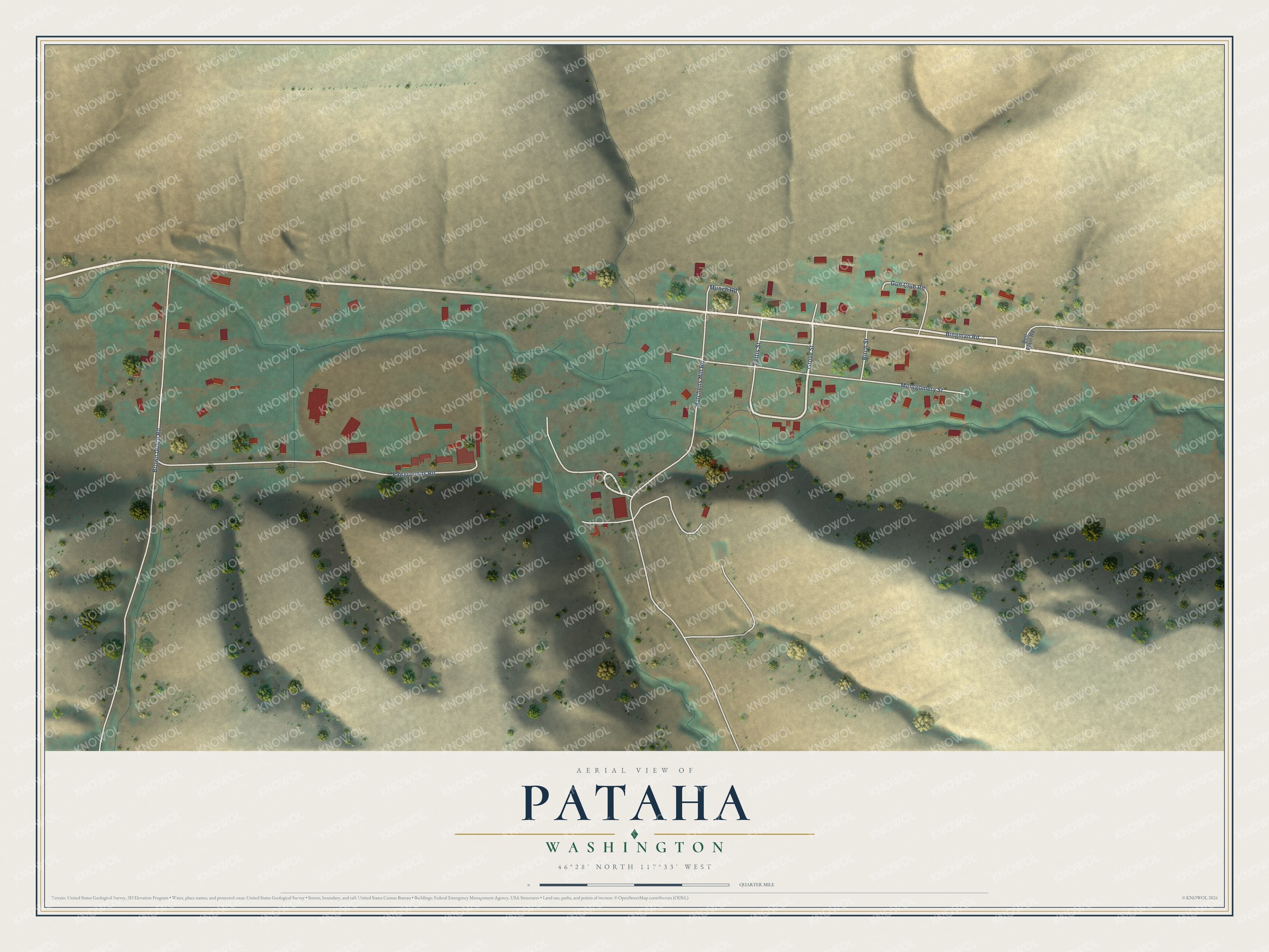 Full map of Pataha, Washington, with red buildings, printed street names and the land around them