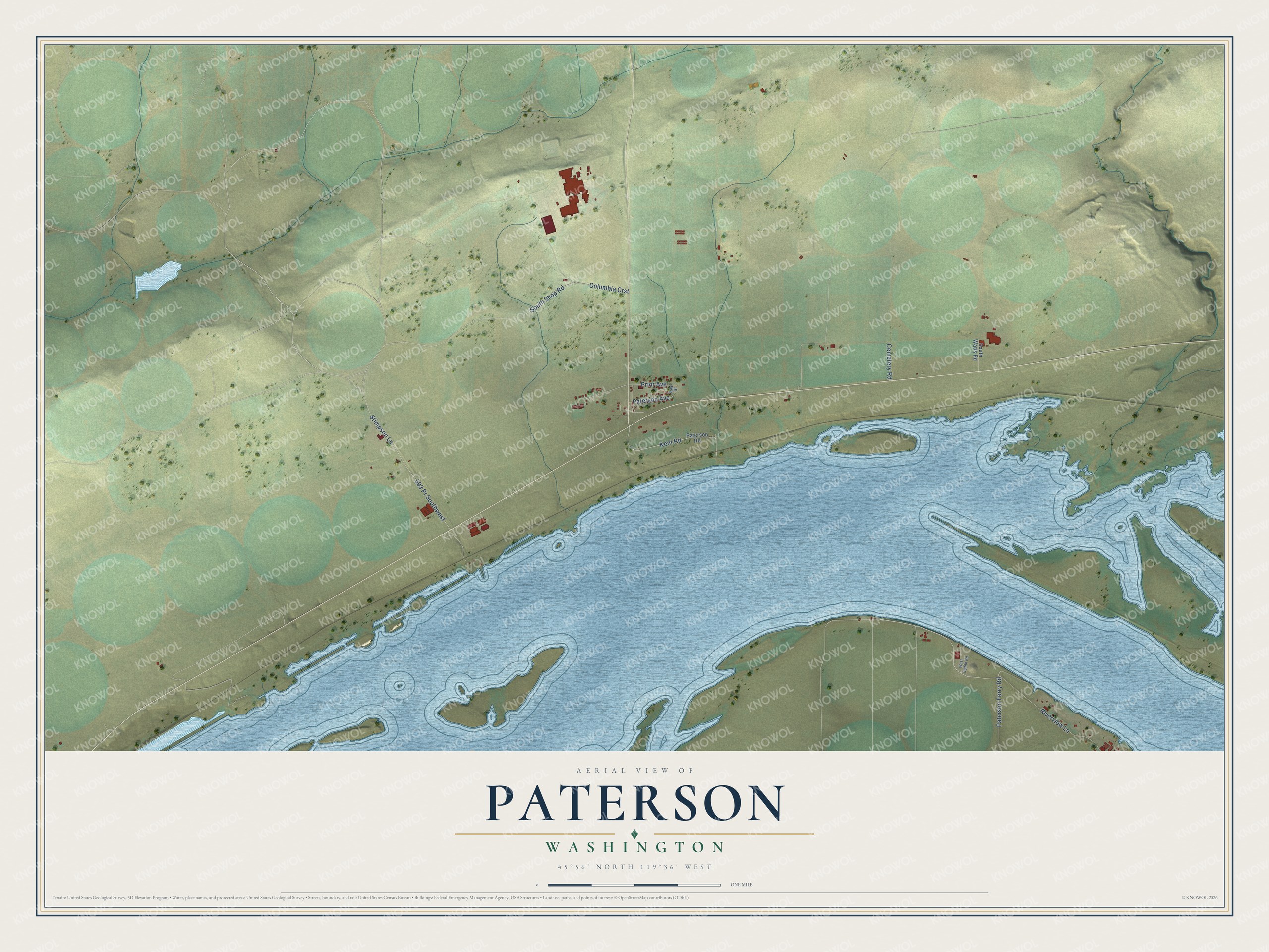 Full map of Paterson, Washington, with red buildings, printed street names and the land around them