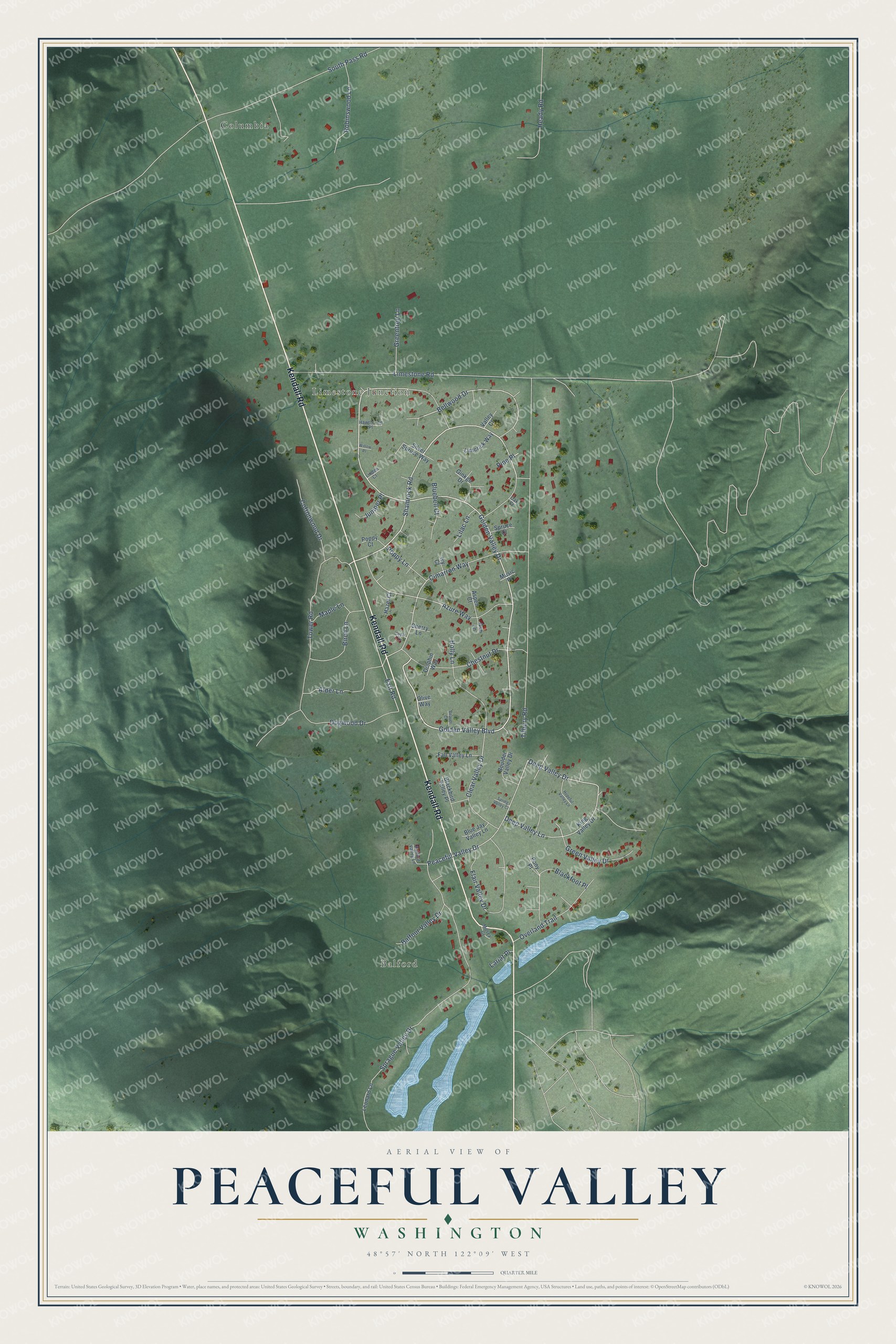 Full map of Peaceful Valley, Washington, with red buildings, printed street names and the land around them