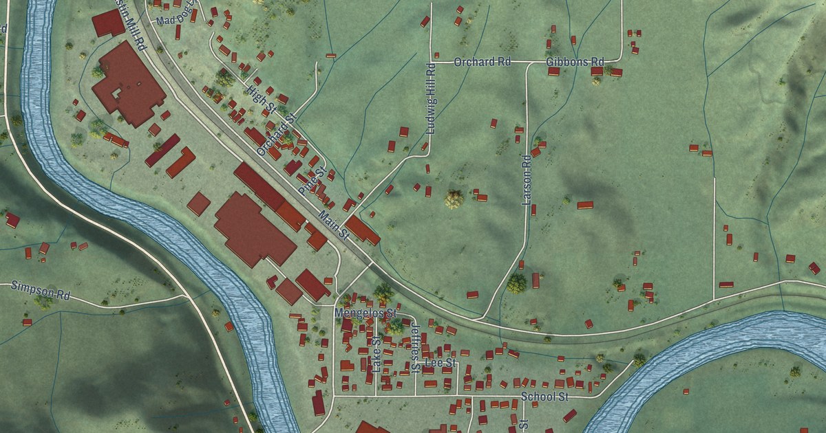 Close-up of streets and buildings in Peshastin, Washington