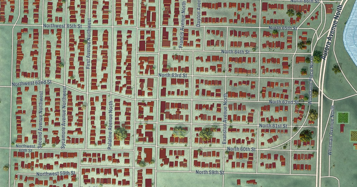 Close-up of streets and buildings in Phinney Ridge, Washington