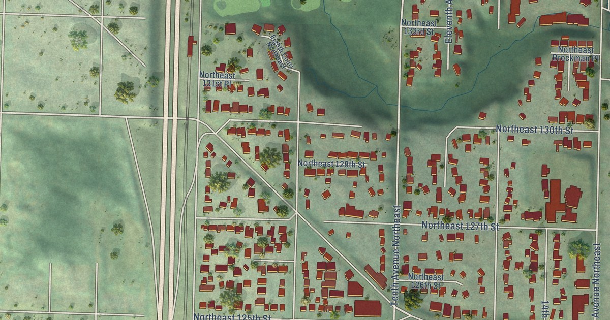 Close-up of streets and buildings in Pinehurst, Washington