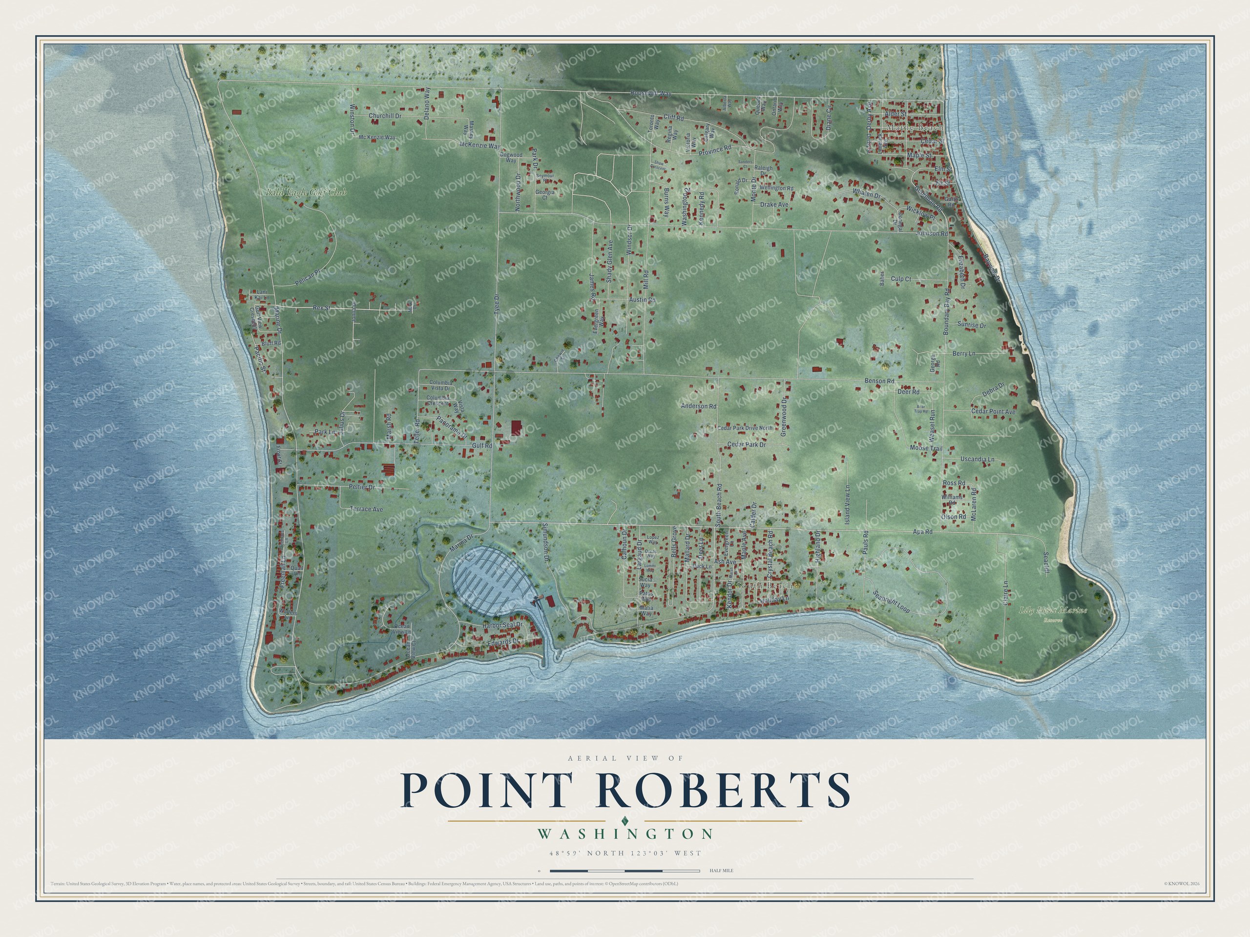 Full map of Point Roberts, Washington, with red buildings, printed street names and the land around them