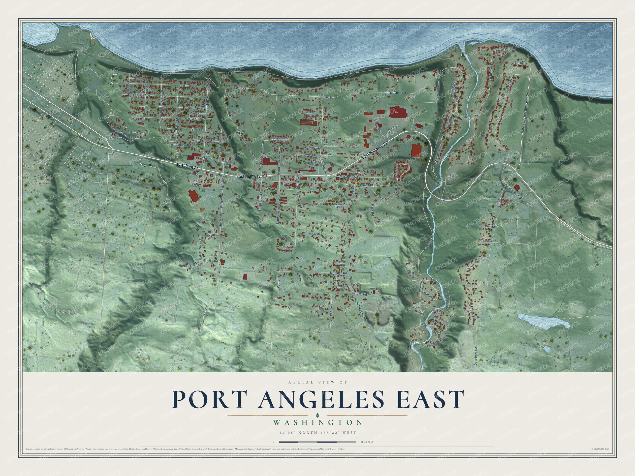 Full map of Port Angeles East, Washington, with red buildings, printed street names and the land around them