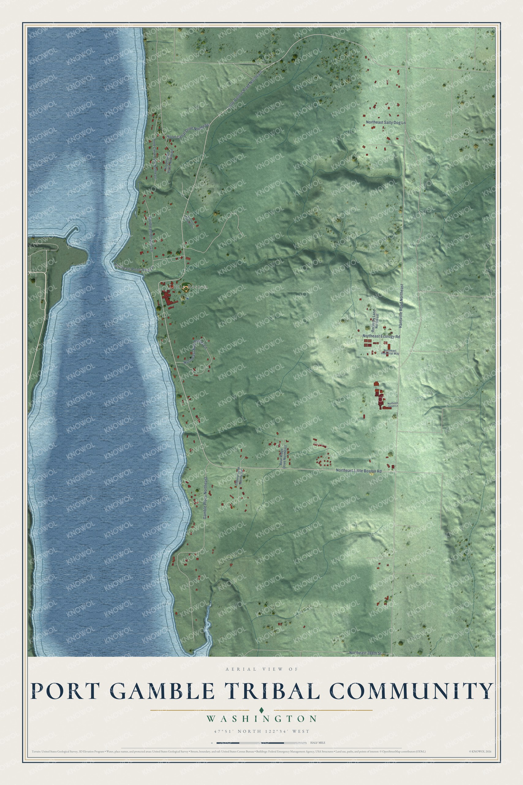 Full map of Port Gamble Tribal Community, Washington, with red buildings, printed street names and the land around them