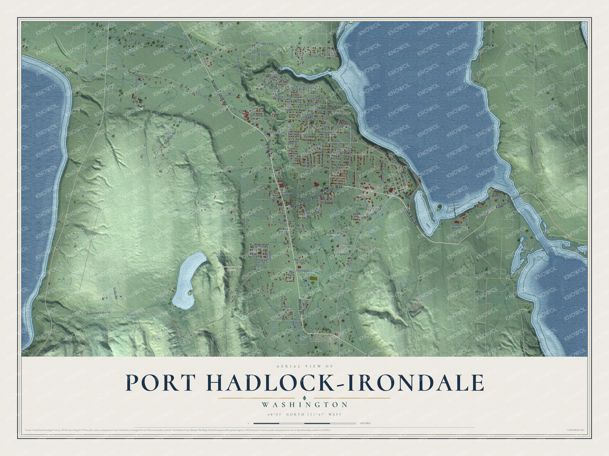 Full map of Port Hadlock-Irondale, Washington, with red buildings, printed street names and the land around them